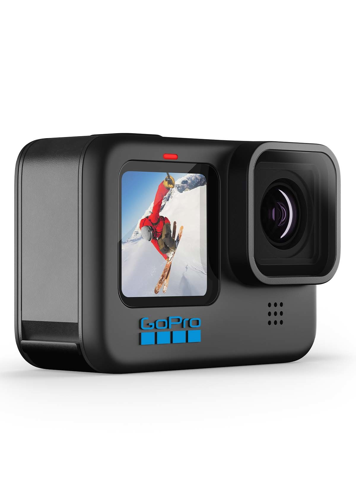 Schwarze GoPro-Kamera mit einer Person, die auf dem Bildschirm Ski fährt, isoliert auf Weiß.