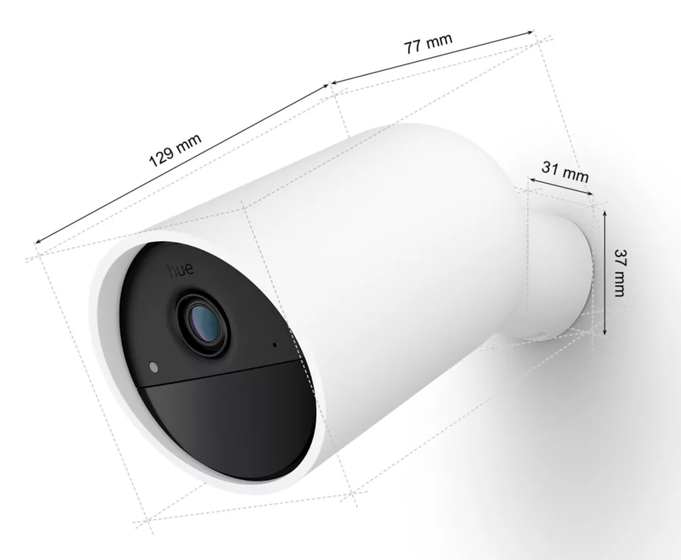 Biała kamera Hue z narysowanymi wymiarami. Kamera jest zamontowana na białej powierzchni.