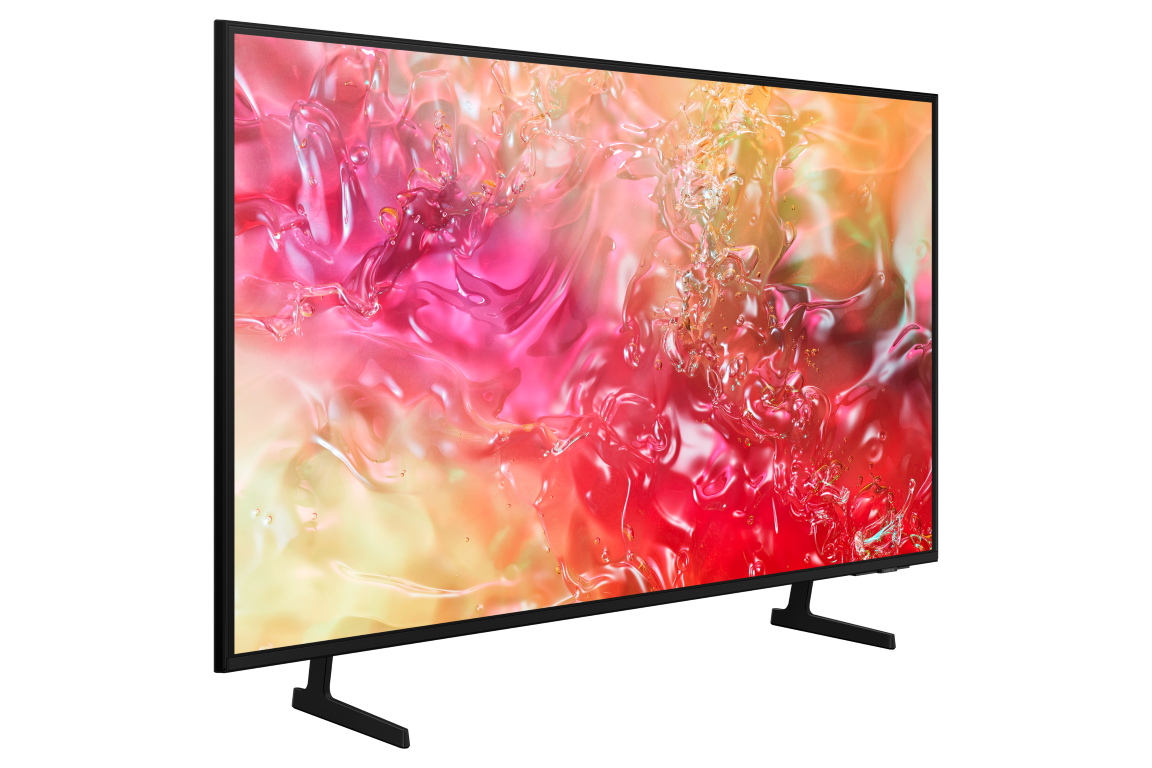 Büyük siyah bir TV ekranı, siyah bir arka plan üzerinde renkli bir soyut su efekti sergiliyor.