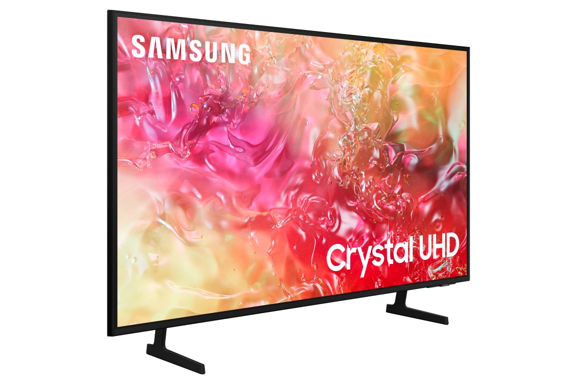 Samsung Crystal UHD TV, siyah çerçeve, ayaklar, ekranda Crystal UHD logosu.