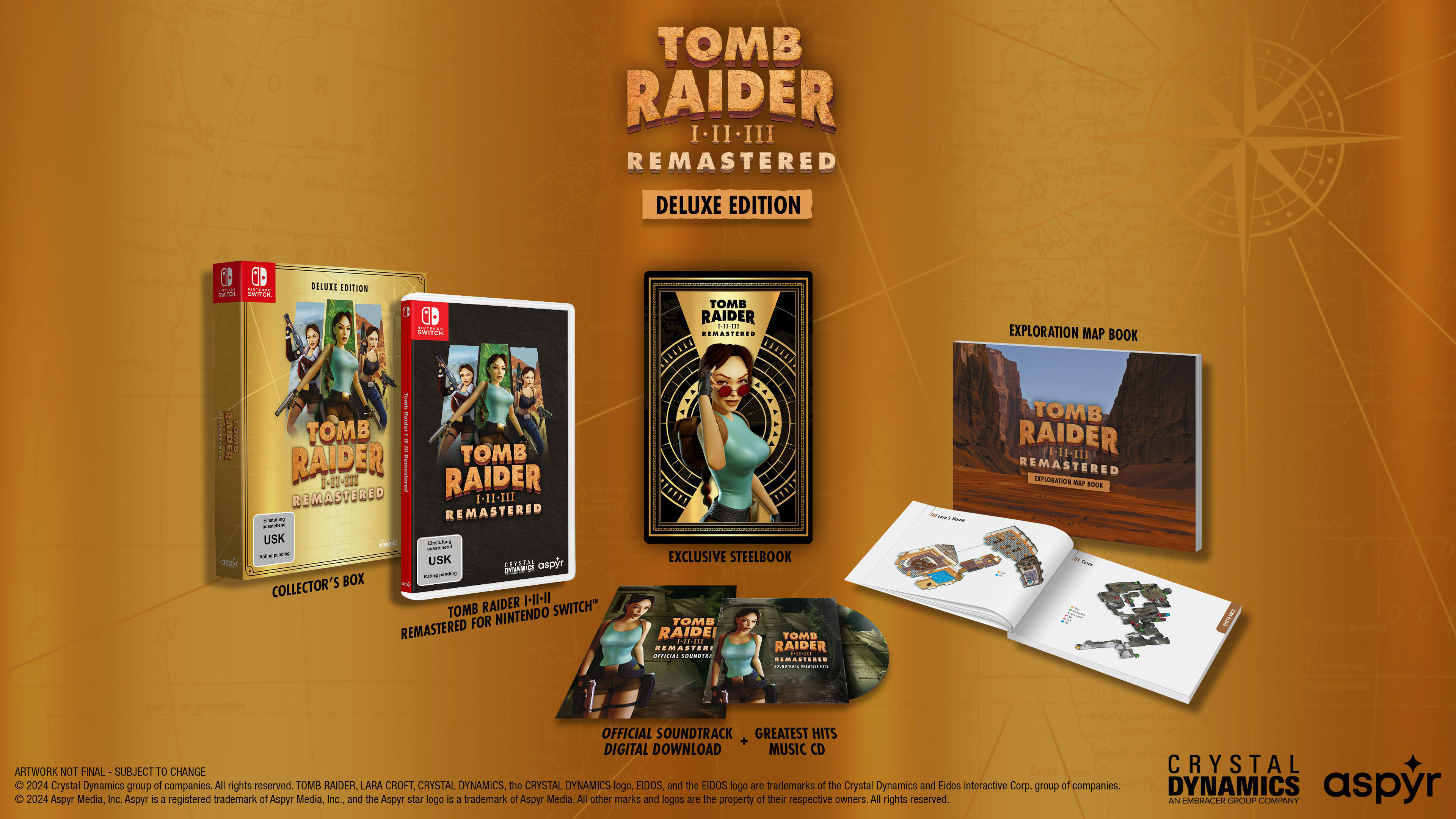Eine Präsentation von Spielmaterialien der Tomb Raider I-II-III Remastered Deluxe Edition.