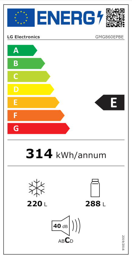 Energiahatékonysági címke. Az energiahatékonyság E. Hűtőszekrény és palack ikonok.