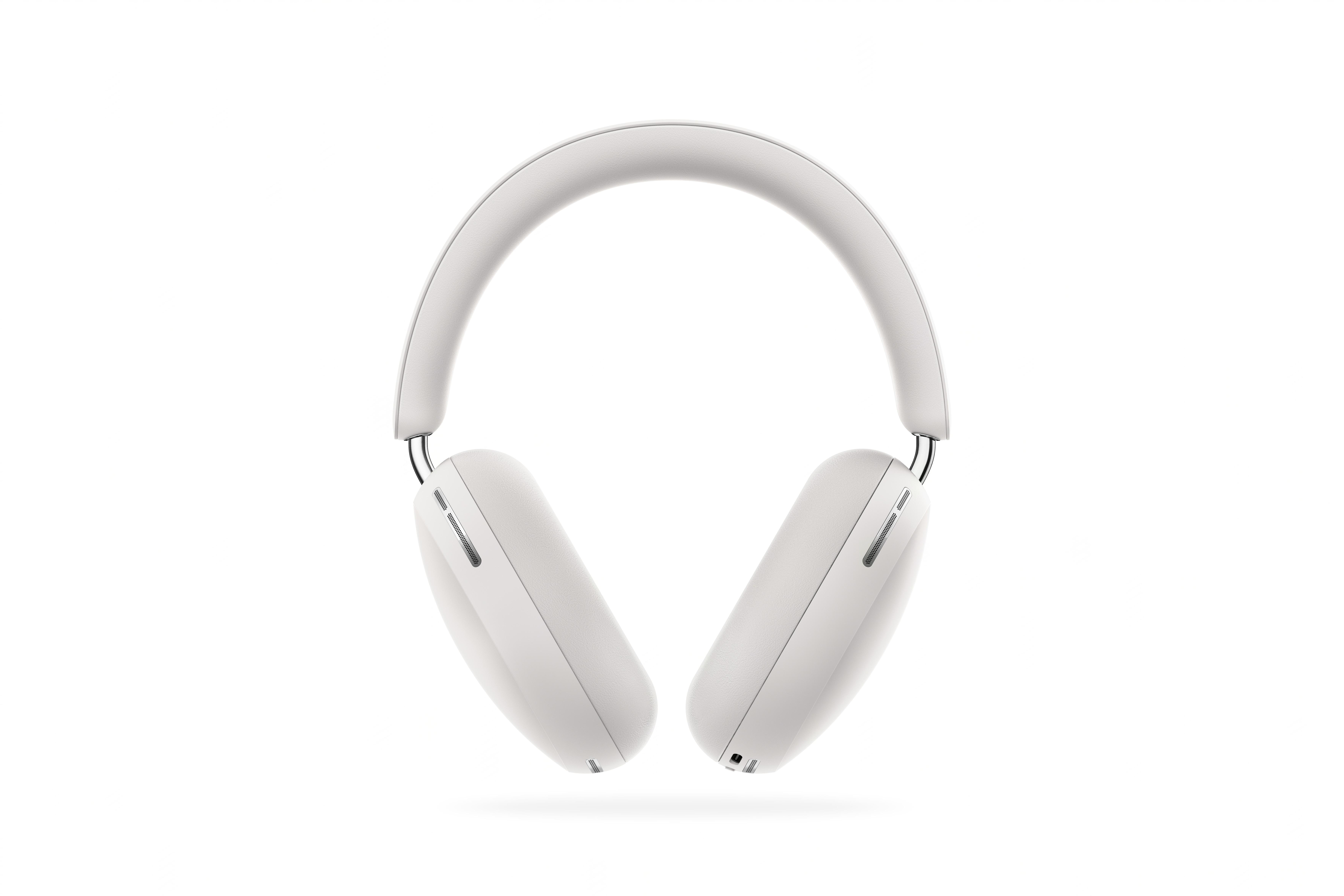 Weiße Apple AirPods Max Kopfhörer, isoliert auf weißem Hintergrund, Nahaufnahme.