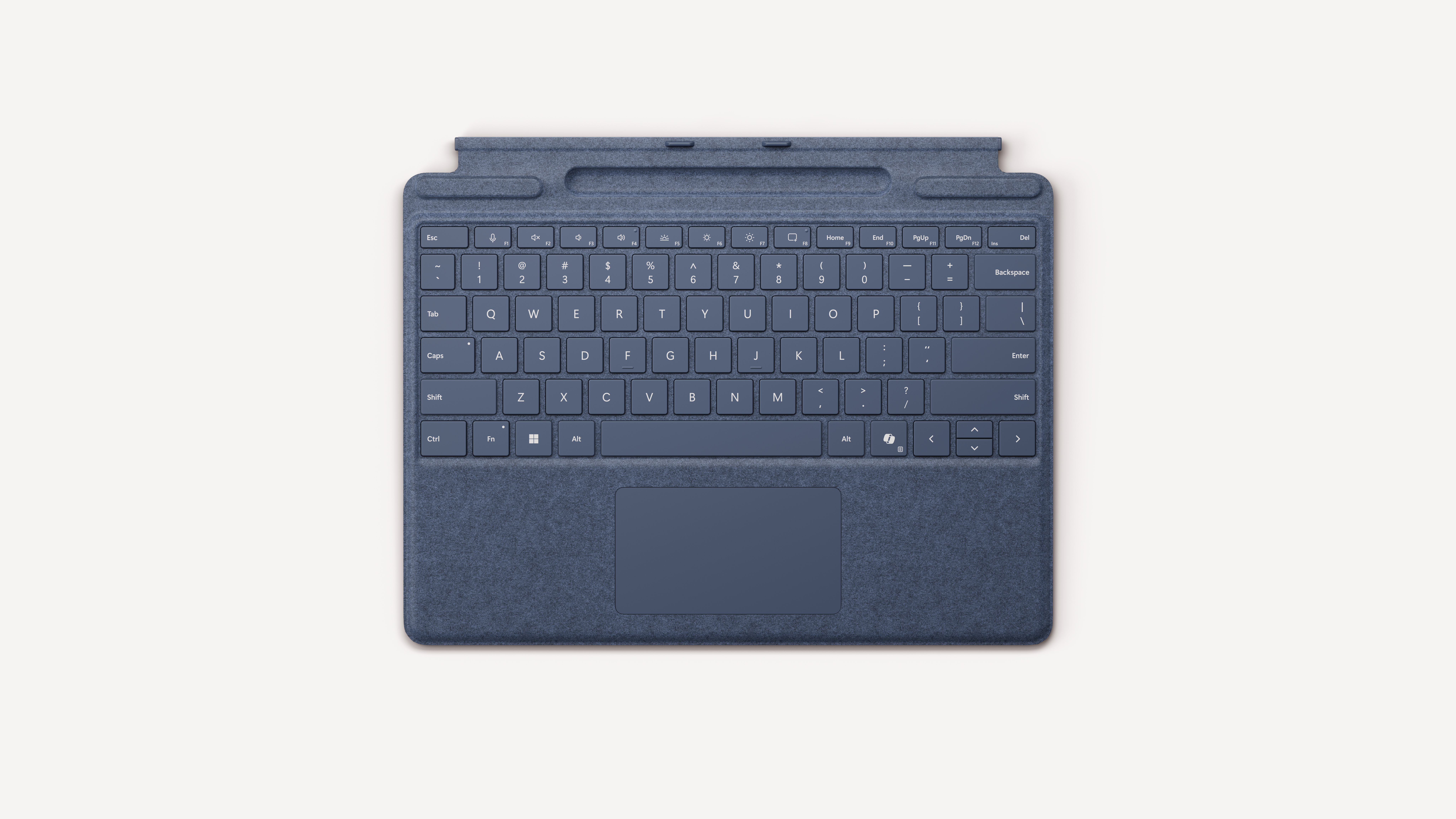 Eine blaue Tastatur mit Touchpad vor weißem Hintergrund. Die Tasten sind weiß.