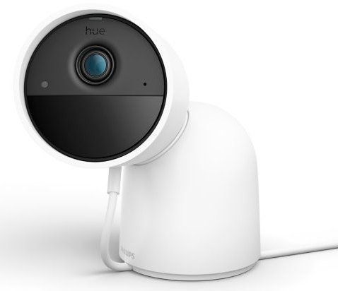 Biała kamera bezpieczeństwa Philips Hue, z czarnym przodem i białą podstawą.