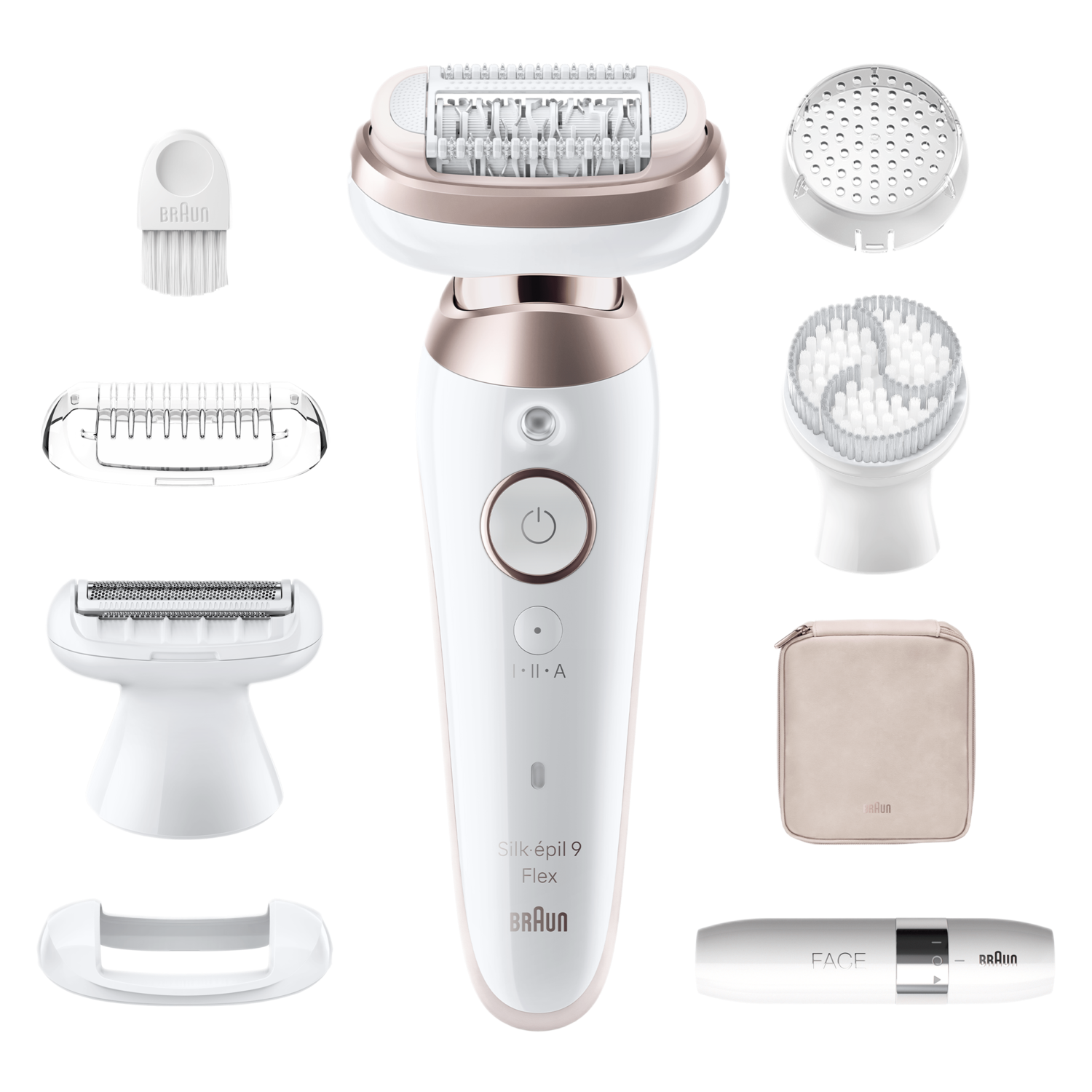 Un ensemble d'épilateur avec plusieurs accessoires, dont une brosse et une tête de rasage.