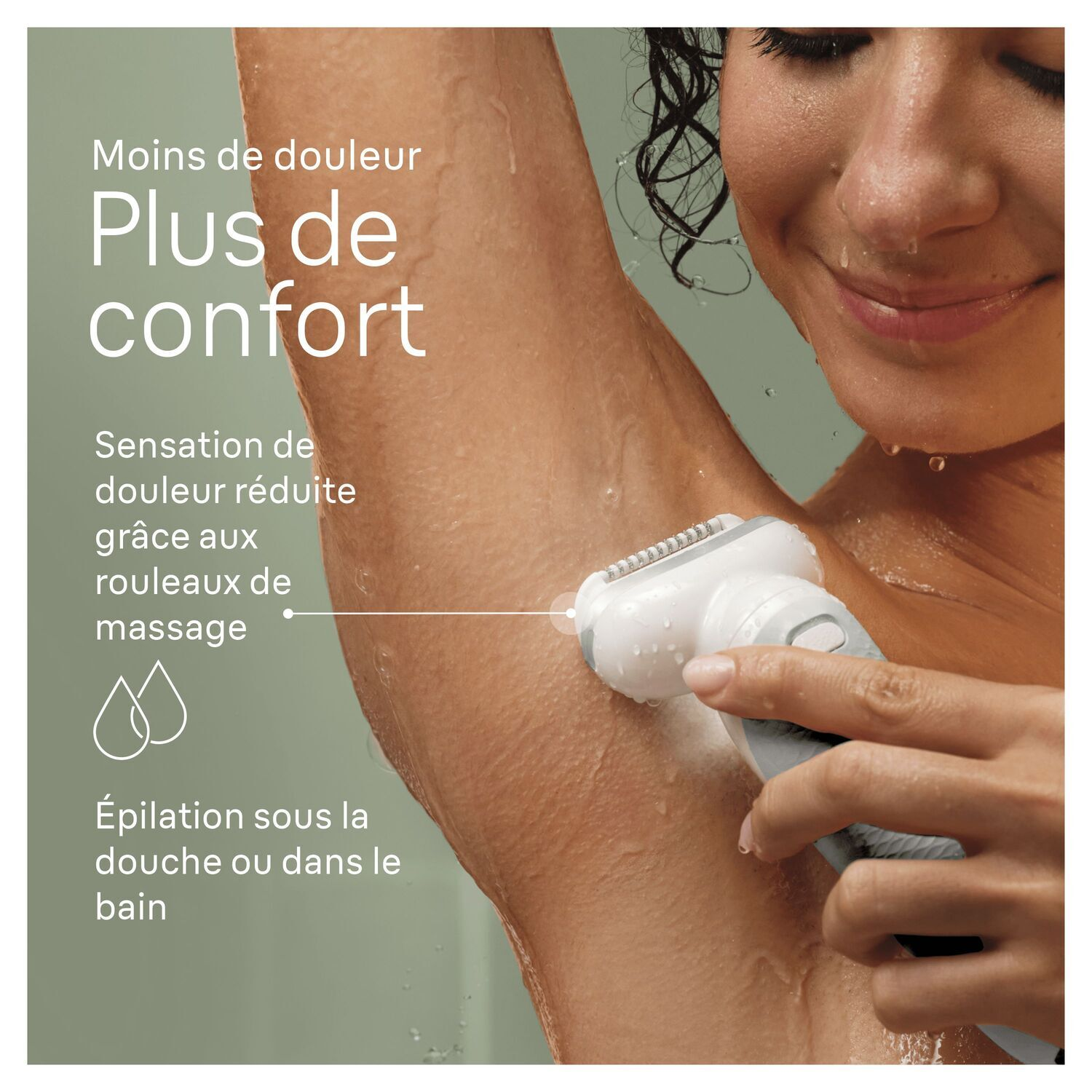 Femme rasant aisselle avec épilateur, texte en français sur moins de douleur et confort.