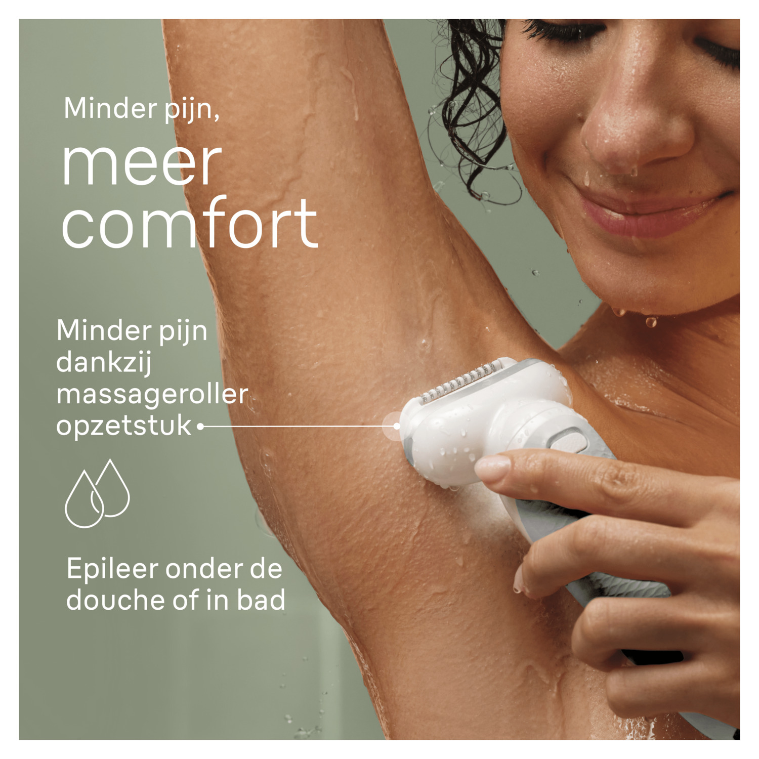 Vrouw gebruikt epilator op oksel. Tekst: 'Minder pijn, meer comfort'. Douche op de achtergrond.