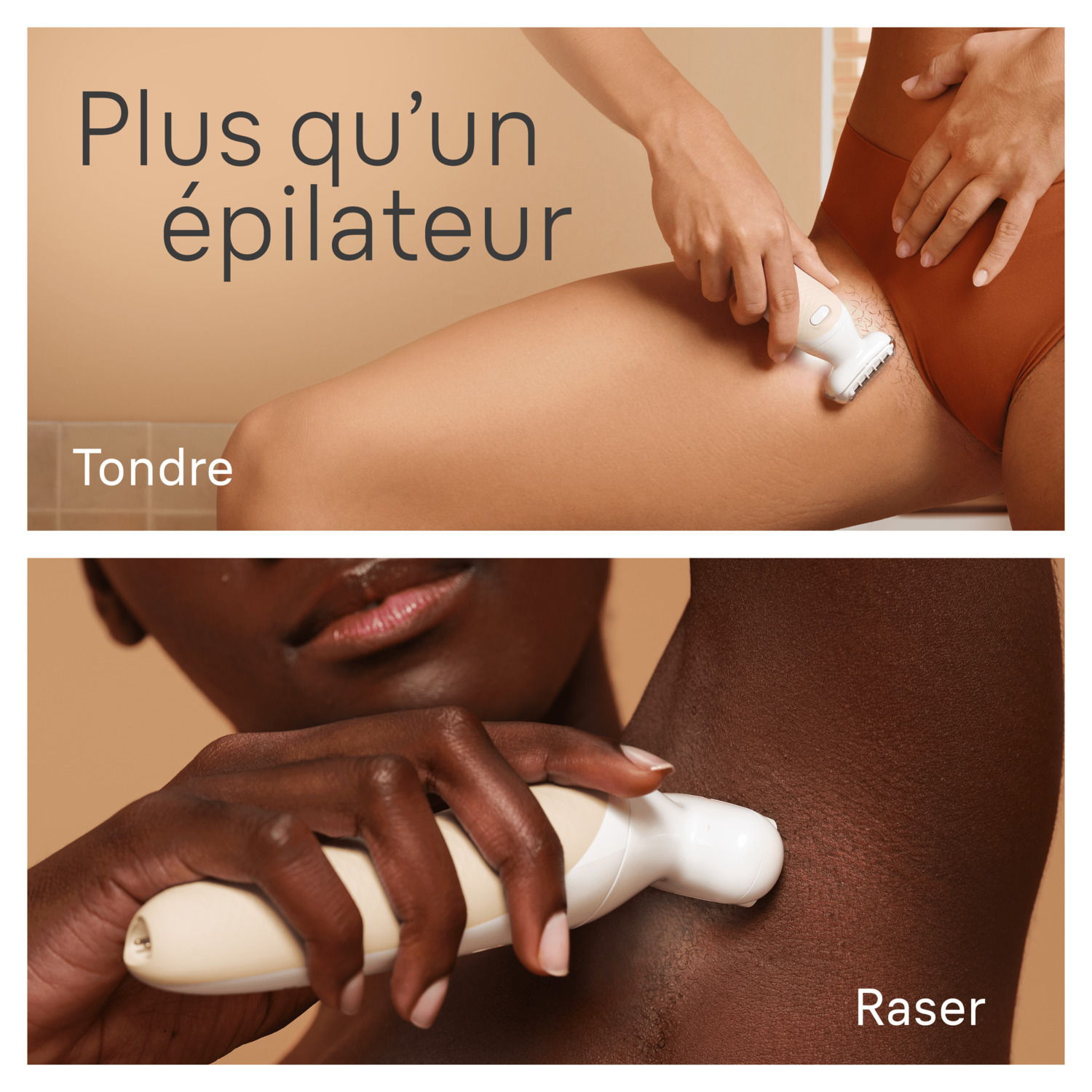 Deux images : une montre le rasage, l'autre l'épilation. Les deux montrent la peau, une aisselle et une zone bikini.