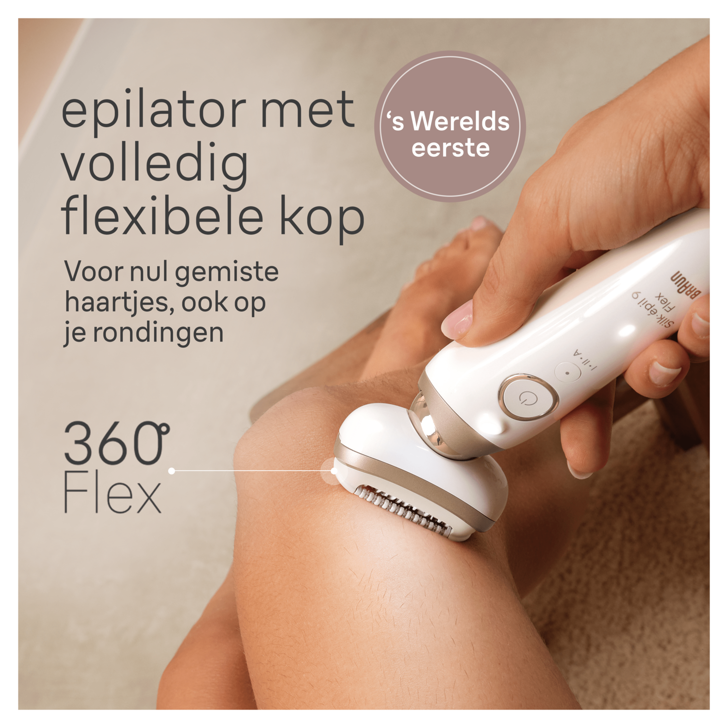 Woman using epilator on leg. Device is white and gold. Text on the top.