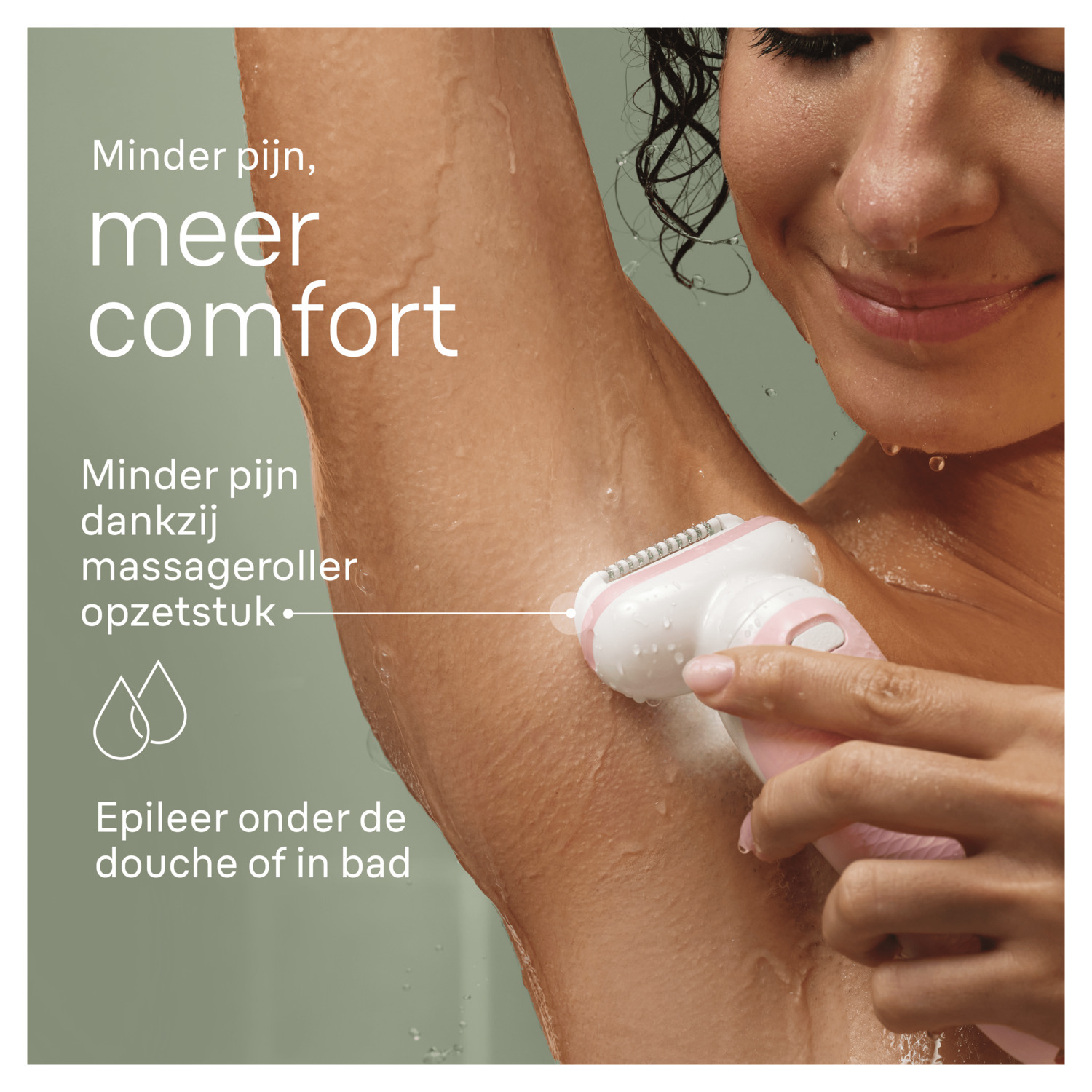 Vrouw gebruikt epilator. Tekst: 'minder pijn, meer comfort'. De epilator is roze en wit.