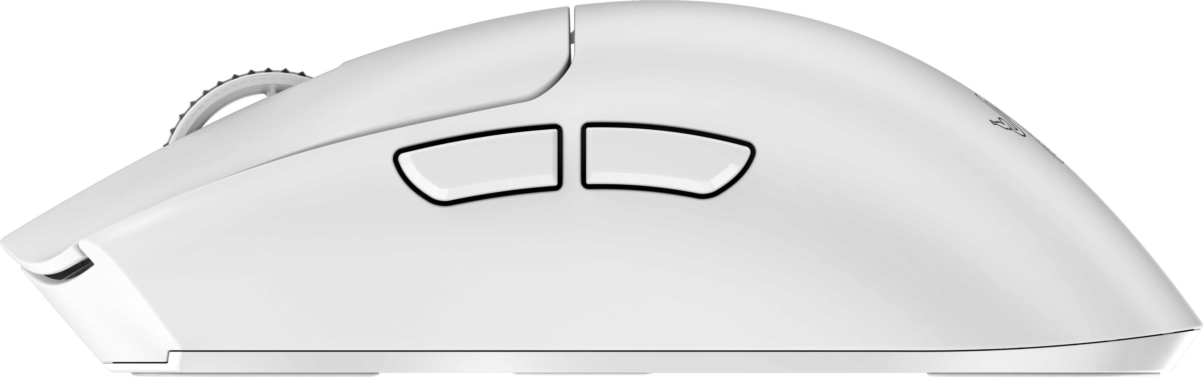 Mouse per computer bianco con due pulsanti laterali e una rotella di scorrimento. Ha un design elegante.