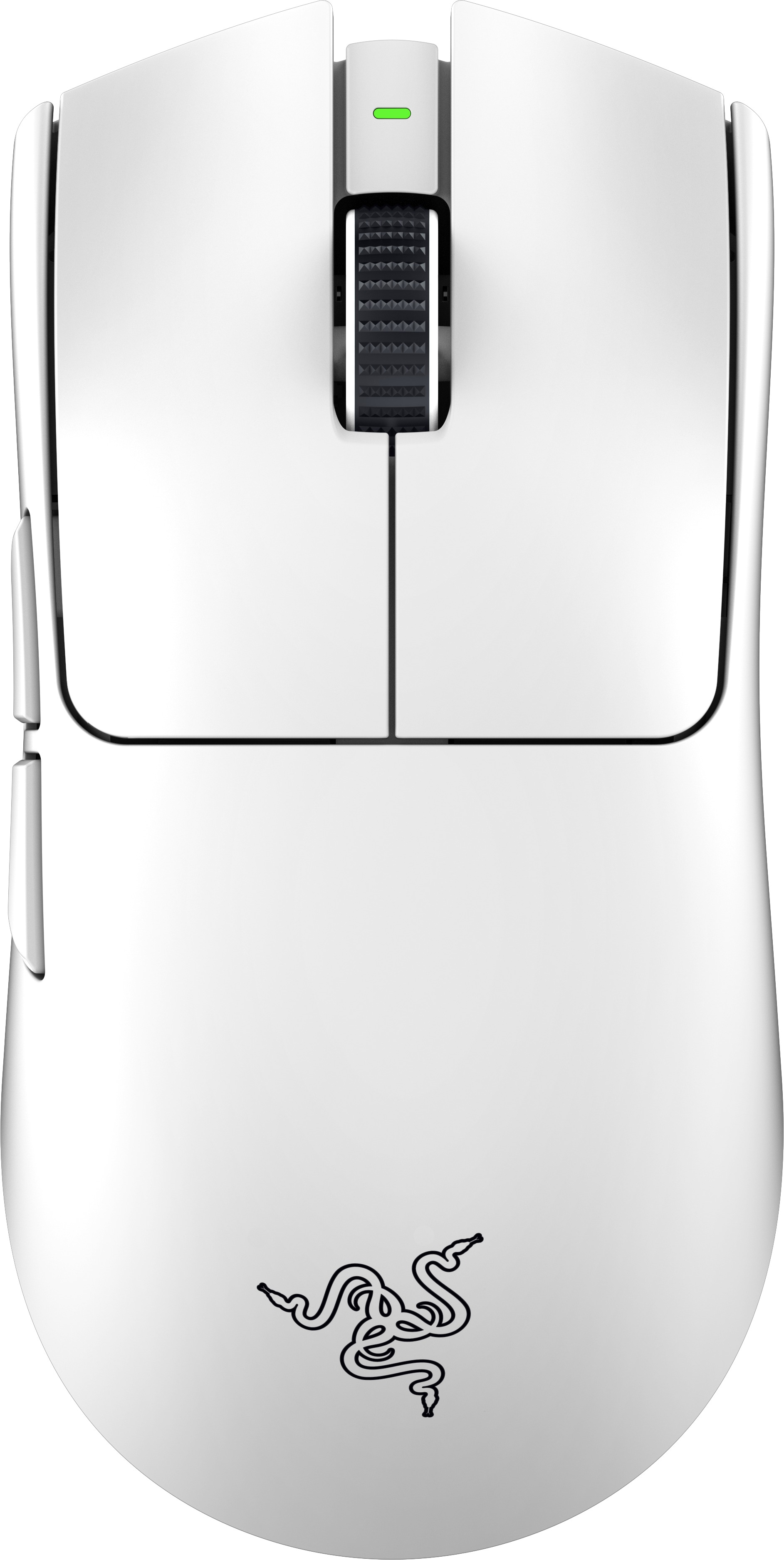 Mouse da gaming Razer bianco con rotella, pulsanti laterali e logo Razer su superficie bianca.