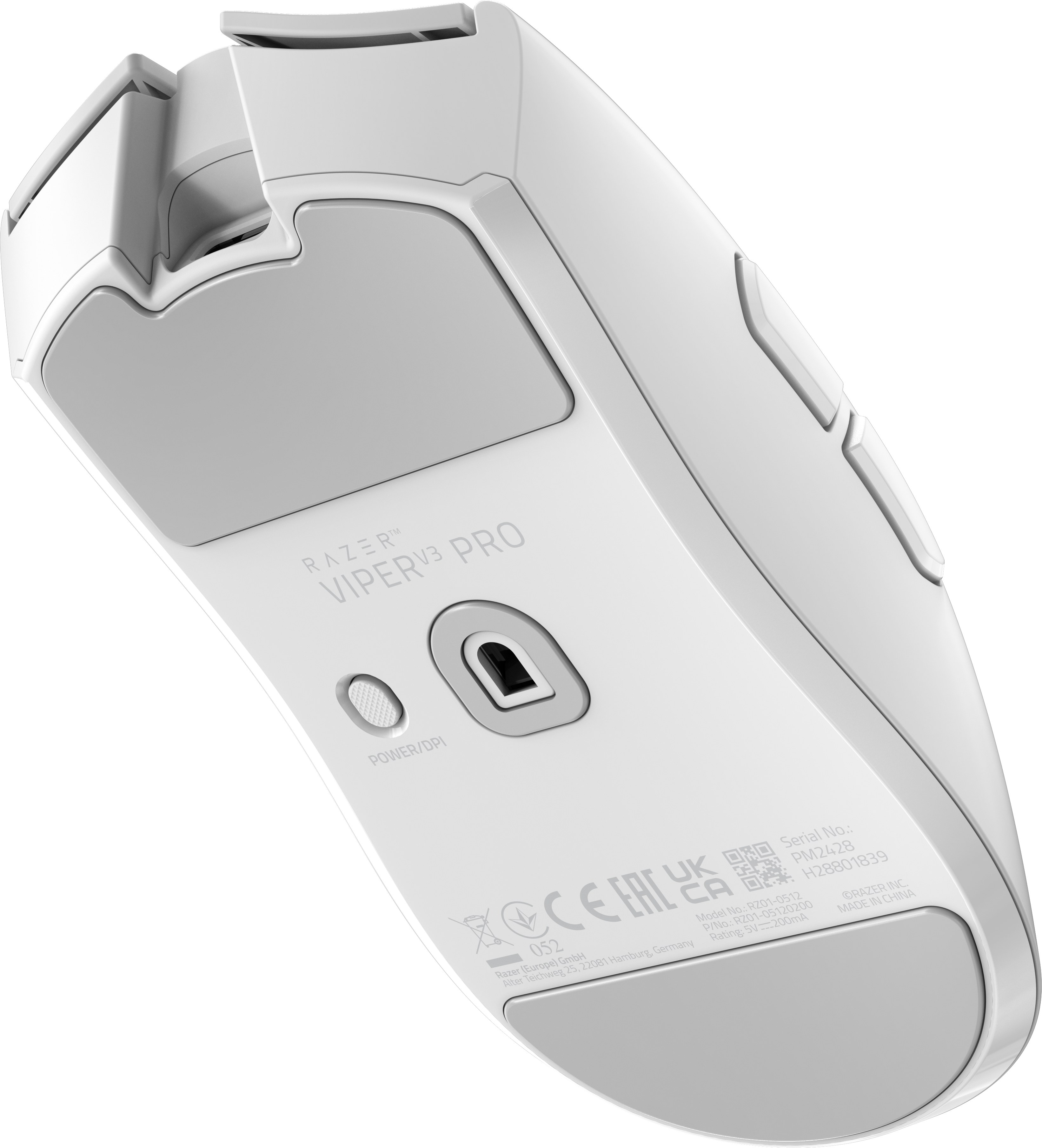 Mouse Razer bianco con cuscinetti e pulsanti grigi, vista angolata. Pulsante Power/DPI visibile.