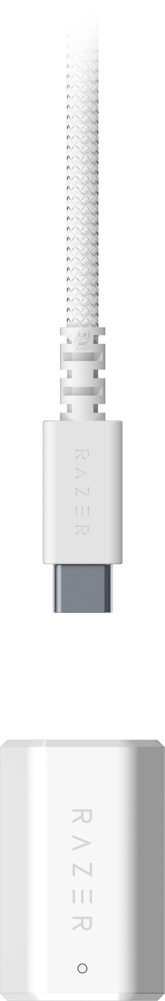 Cavo di ricarica Razer bianco. Il cavo ha un connettore USB-C e il logo Razer.