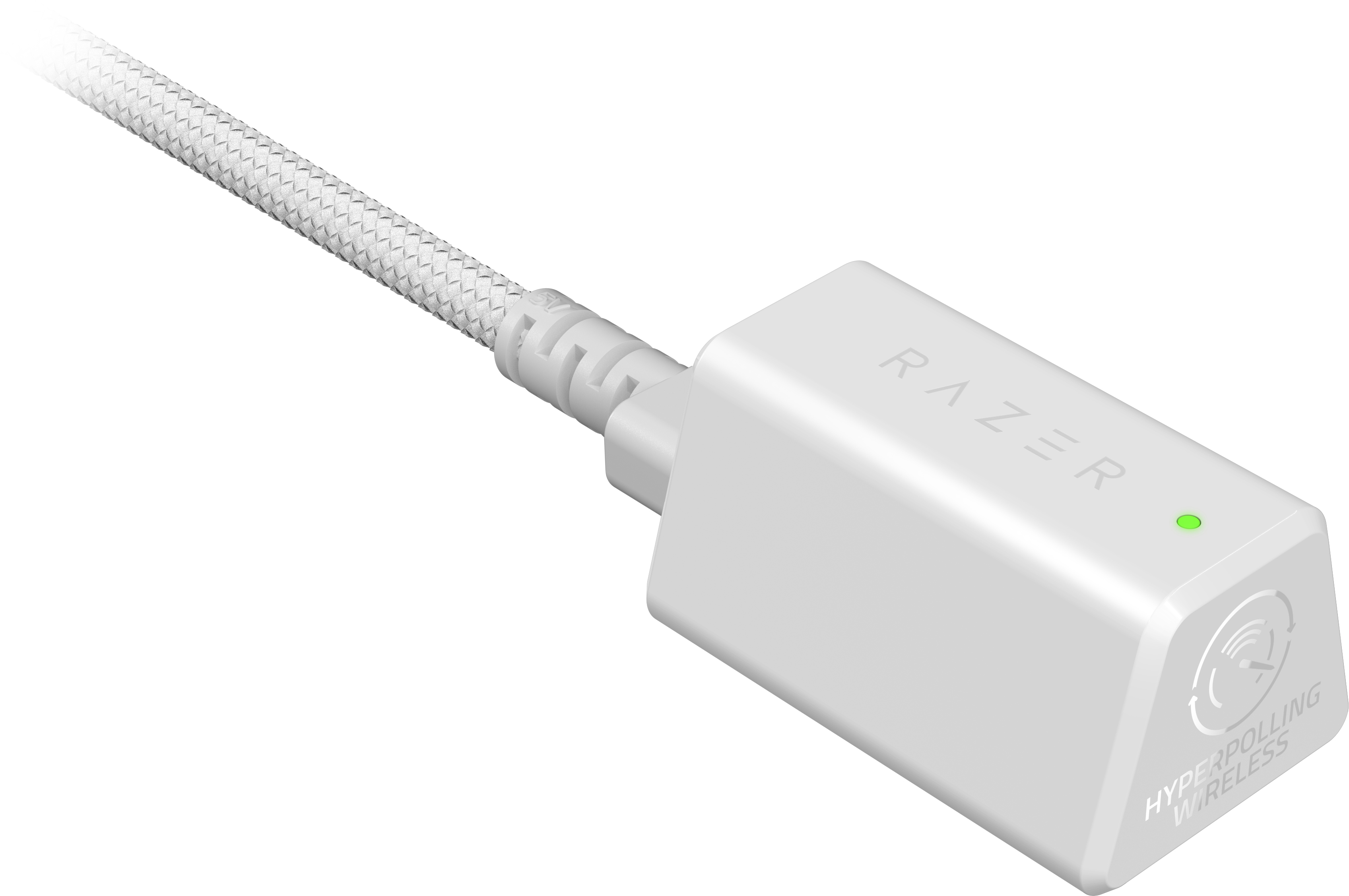 Adattatore wireless Razer bianco con luce verde, collegato a un cavo intrecciato.