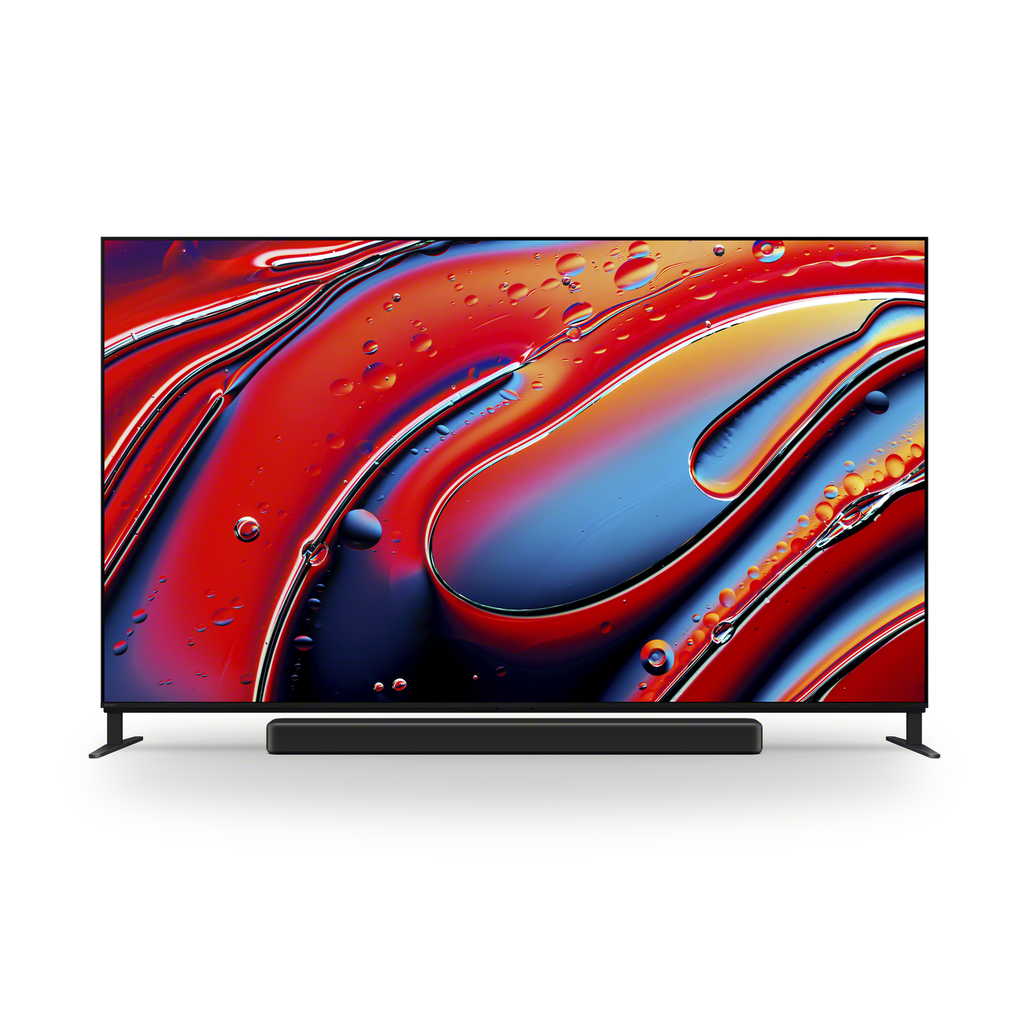 Tv-scherm met kleurrijke abstracte kunst, soundbar eronder, op wit.