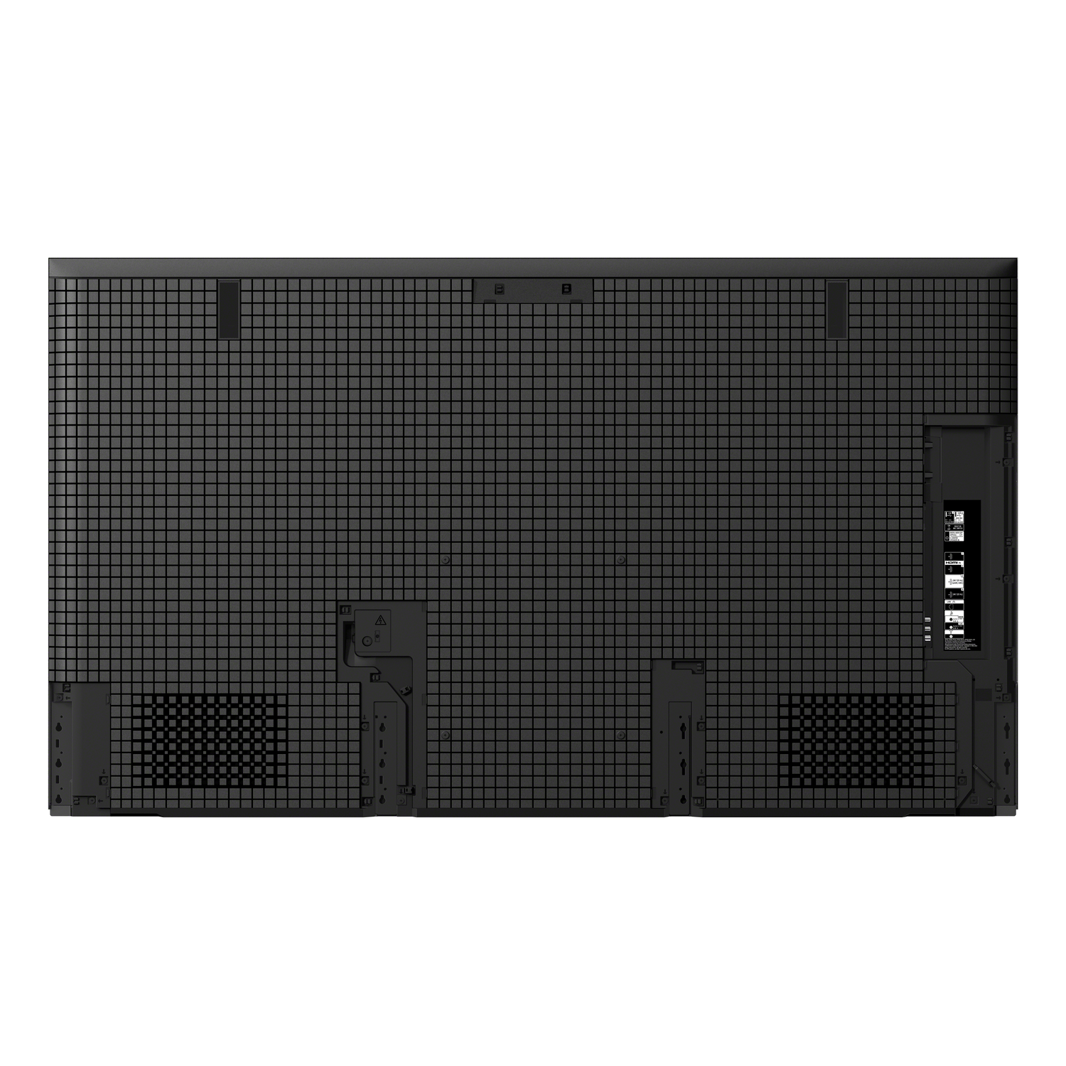 The back of a black TV with a grid pattern, with various connection ports.