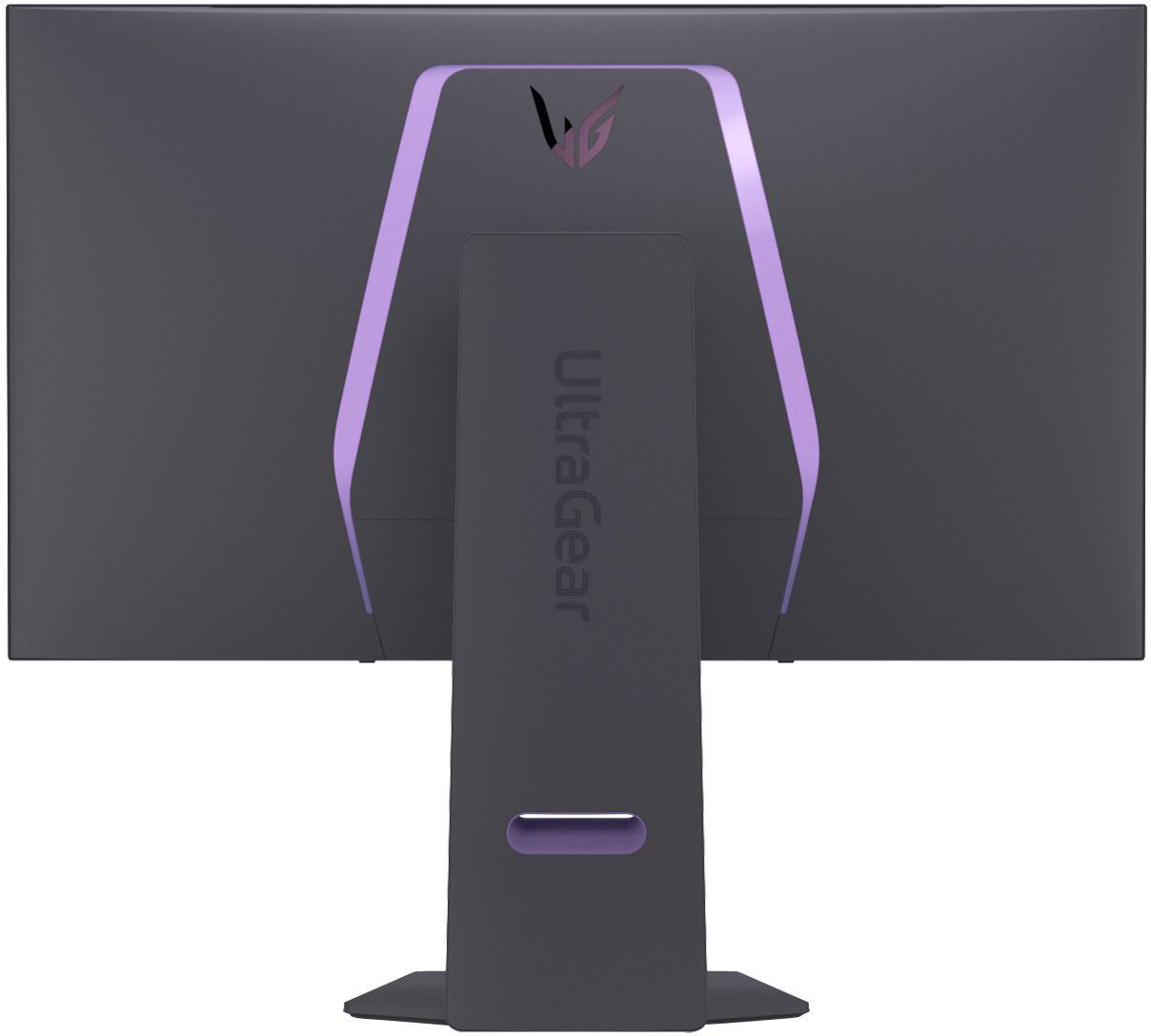 Die Rückseite eines dunklen Monitors mit Ständer. Er hat einen violetten Akzent und das Ultragear-Logo.