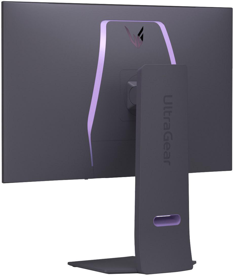 Die Rückseite eines dunkelgrauen Monitors mit lila Lichtdesign, mit dem Ultragear-Logo.