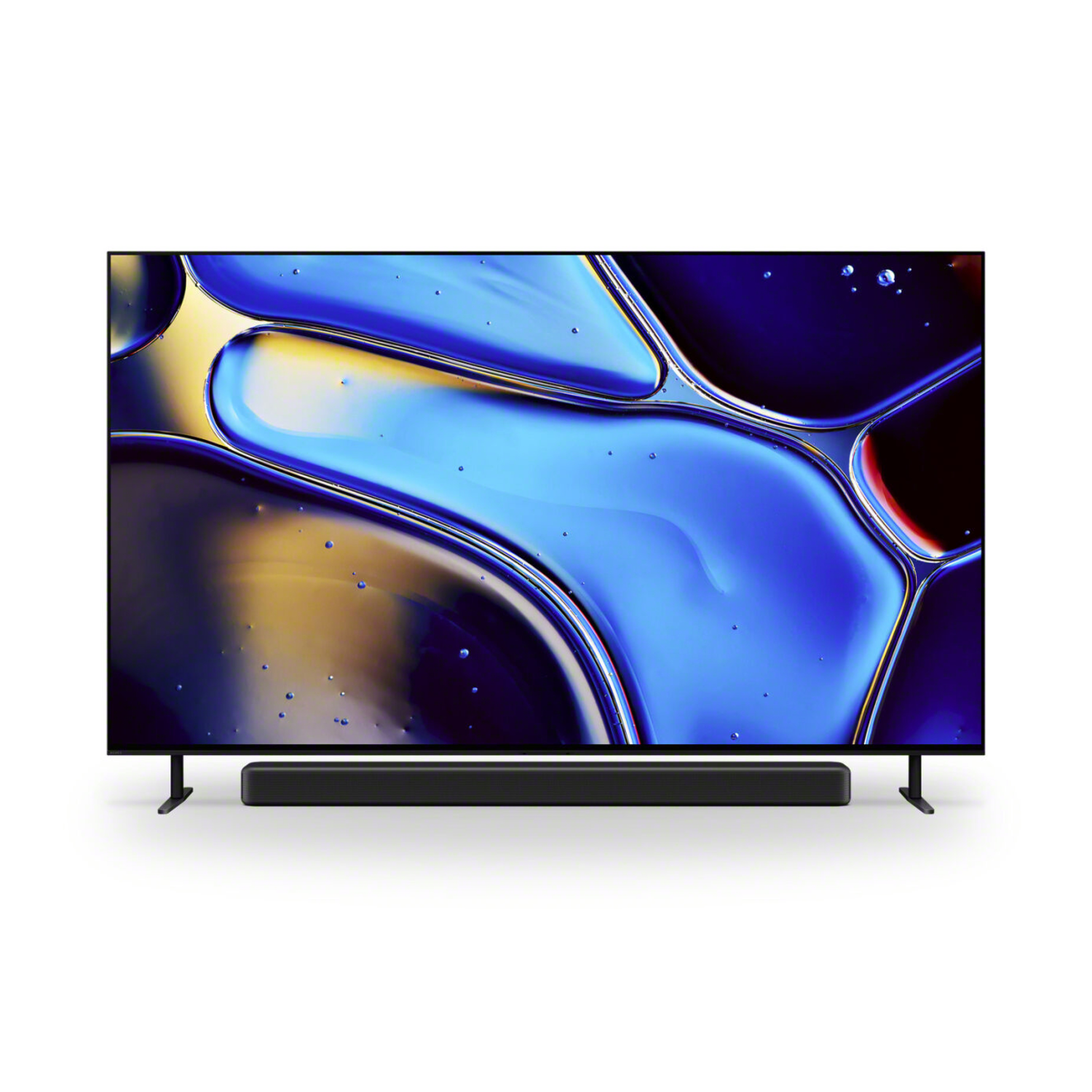 TV with colorful abstract art on screen, and a soundbar below.