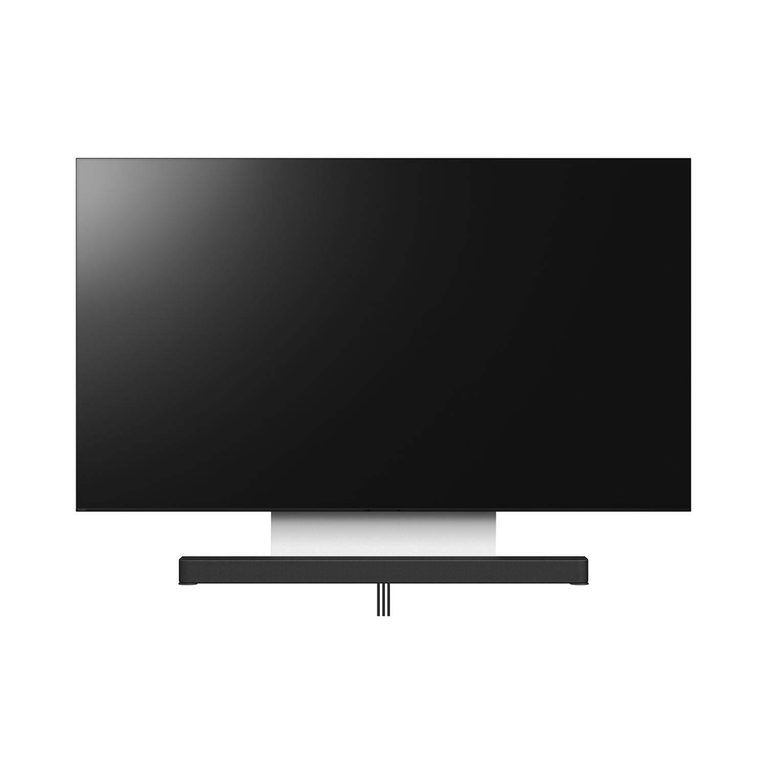Zwarte tv op standaard met soundbar eronder op witte achtergrond.