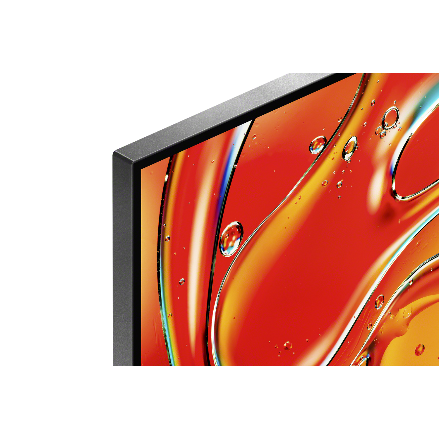 Hoek van een tv-scherm. Het scherm toont een abstract, kleurrijk beeld.