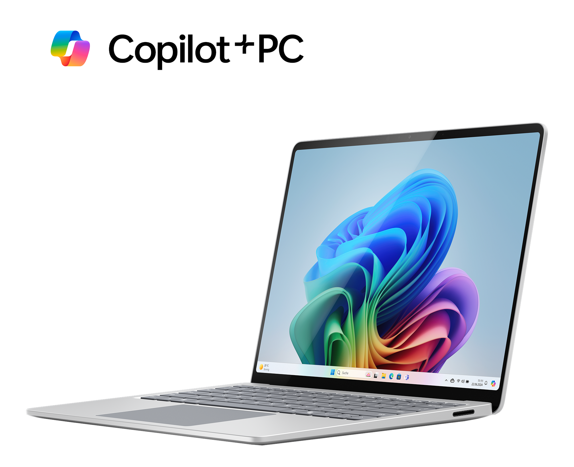 Un laptop argentato è aperto, mostra un'immagine astratta colorata, su una superficie bianca.