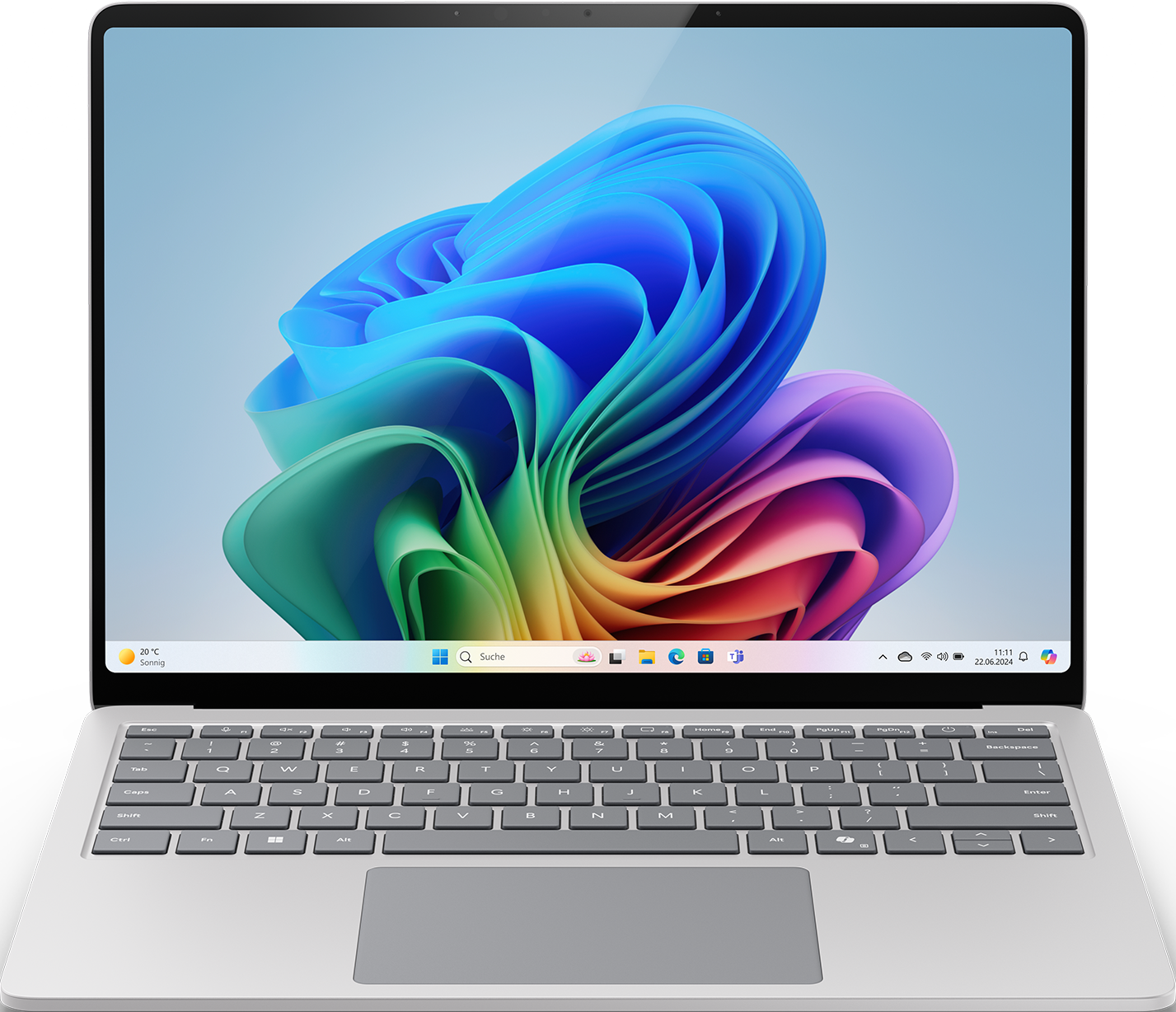 Laptop con schermo colorato. La tastiera è visibile. Mostra una schermata di Windows.