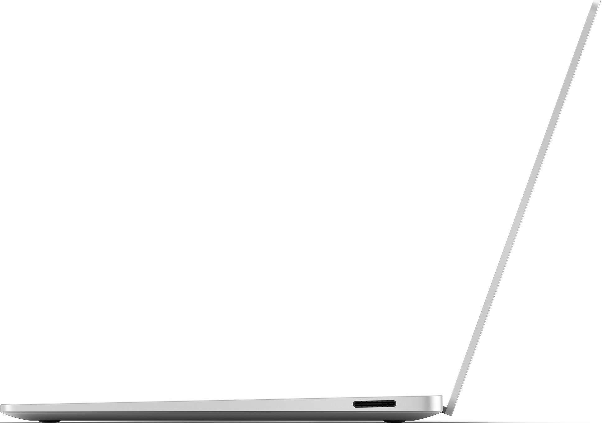 Vista laterale di un laptop argento aperto con lo schermo sollevato, sfondo nero.