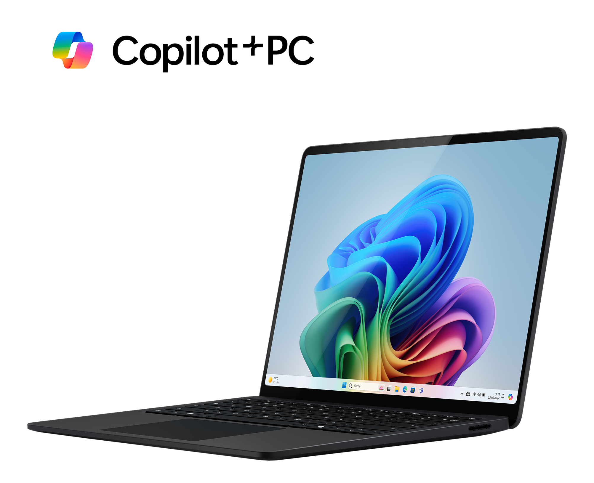 Laptop sul tavolo. Logo Microsoft, fiori colorati sullo schermo. Tastiera nera.