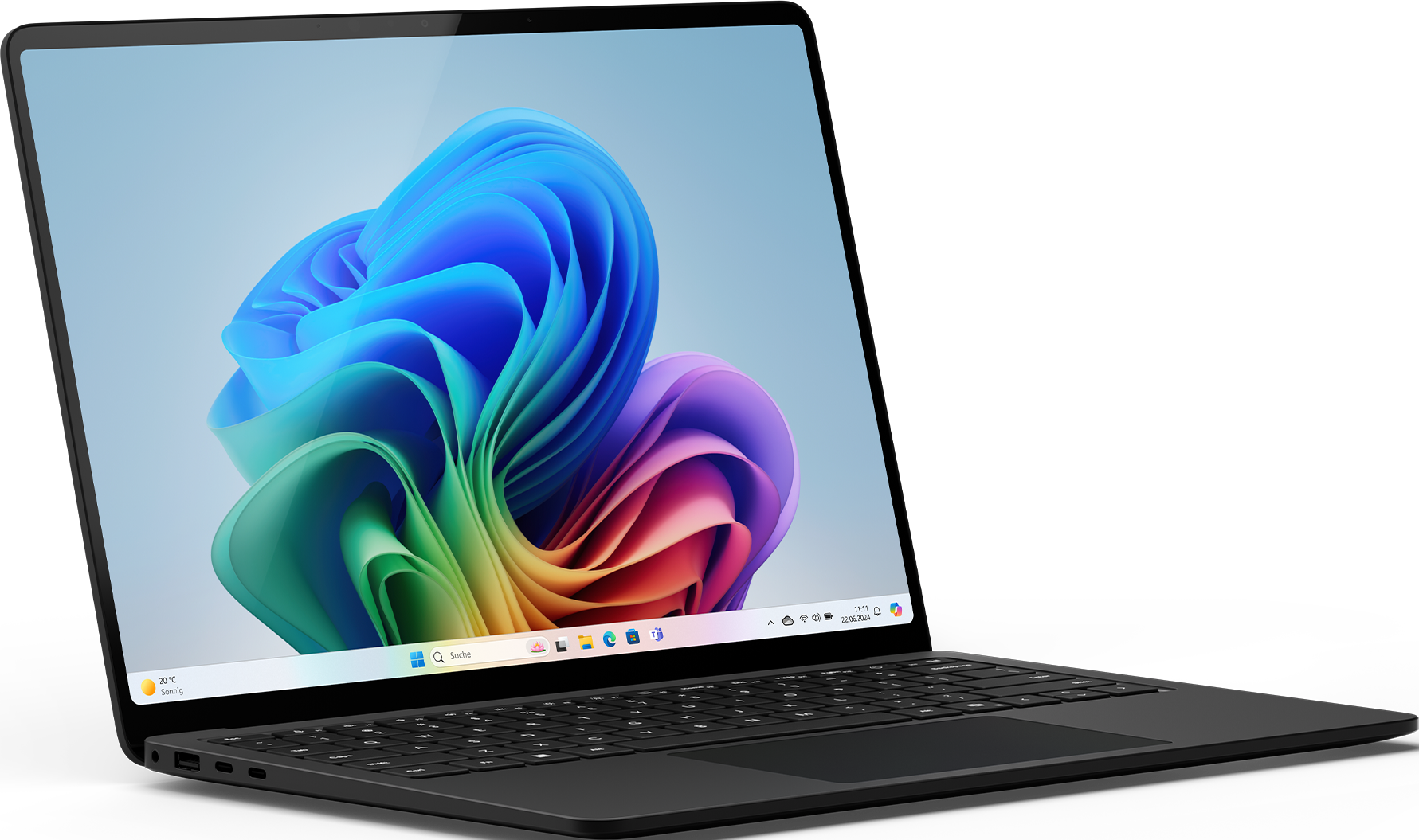 Un laptop nero che mostra un desktop colorato. Il laptop è su una scrivania. Lo schermo è aperto.