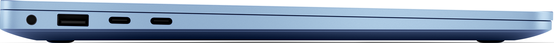 Seitenansicht eines hellblauen Laptops mit Anschlüssen an der Seite.