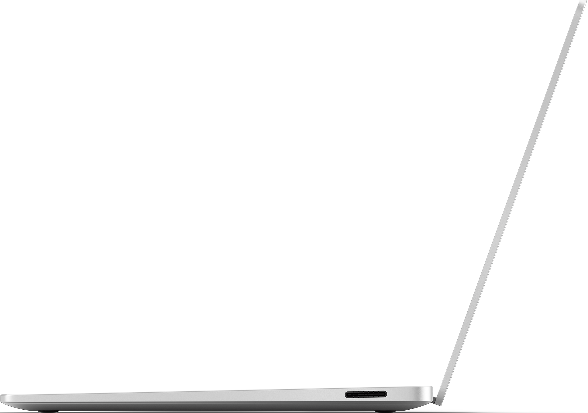 Seitenansicht eines silbernen Laptops mit geöffnetem Bildschirm vor schwarzem Hintergrund.