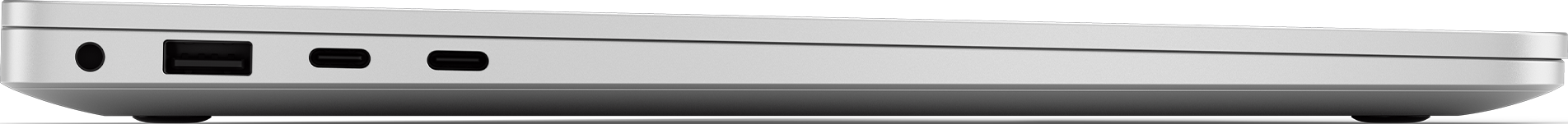 Seitenansicht eines silbernen Laptops mit Anschlüssen.