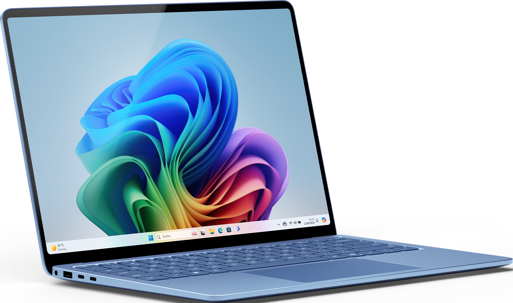 Laptop blu che mostra un display colorato. Il laptop è aperto su uno sfondo nero.