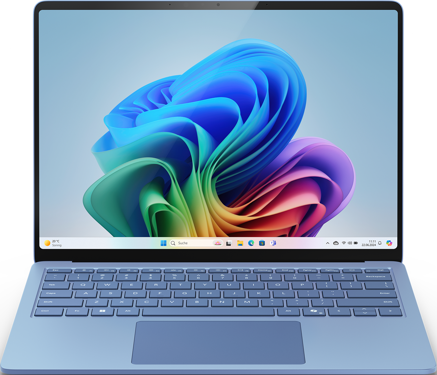 Laptop blu aperto, mostra il desktop con un'immagine astratta colorata. Sfondo nero.