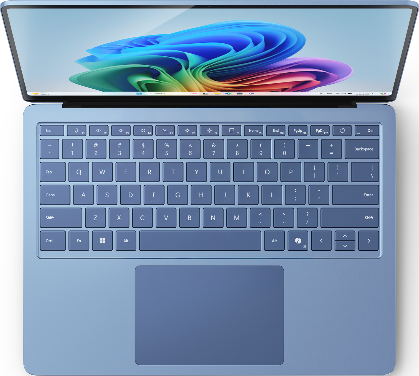 Un laptop blu con uno sfondo desktop colorato.