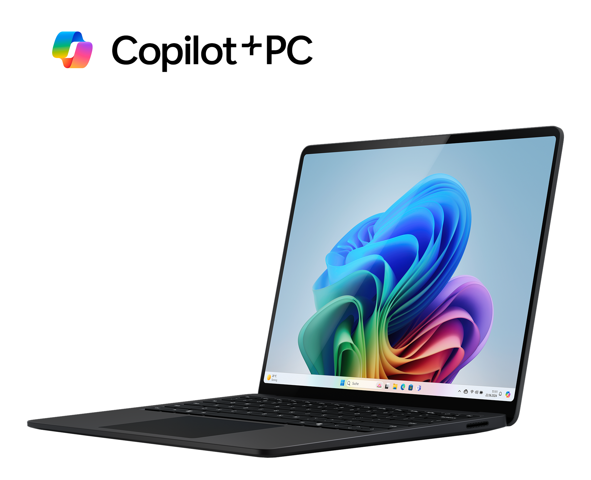 Laptop mit farbenfrohem, abstraktem Hintergrund auf dem Bildschirm und Microsoft-Logo in der Ecke.