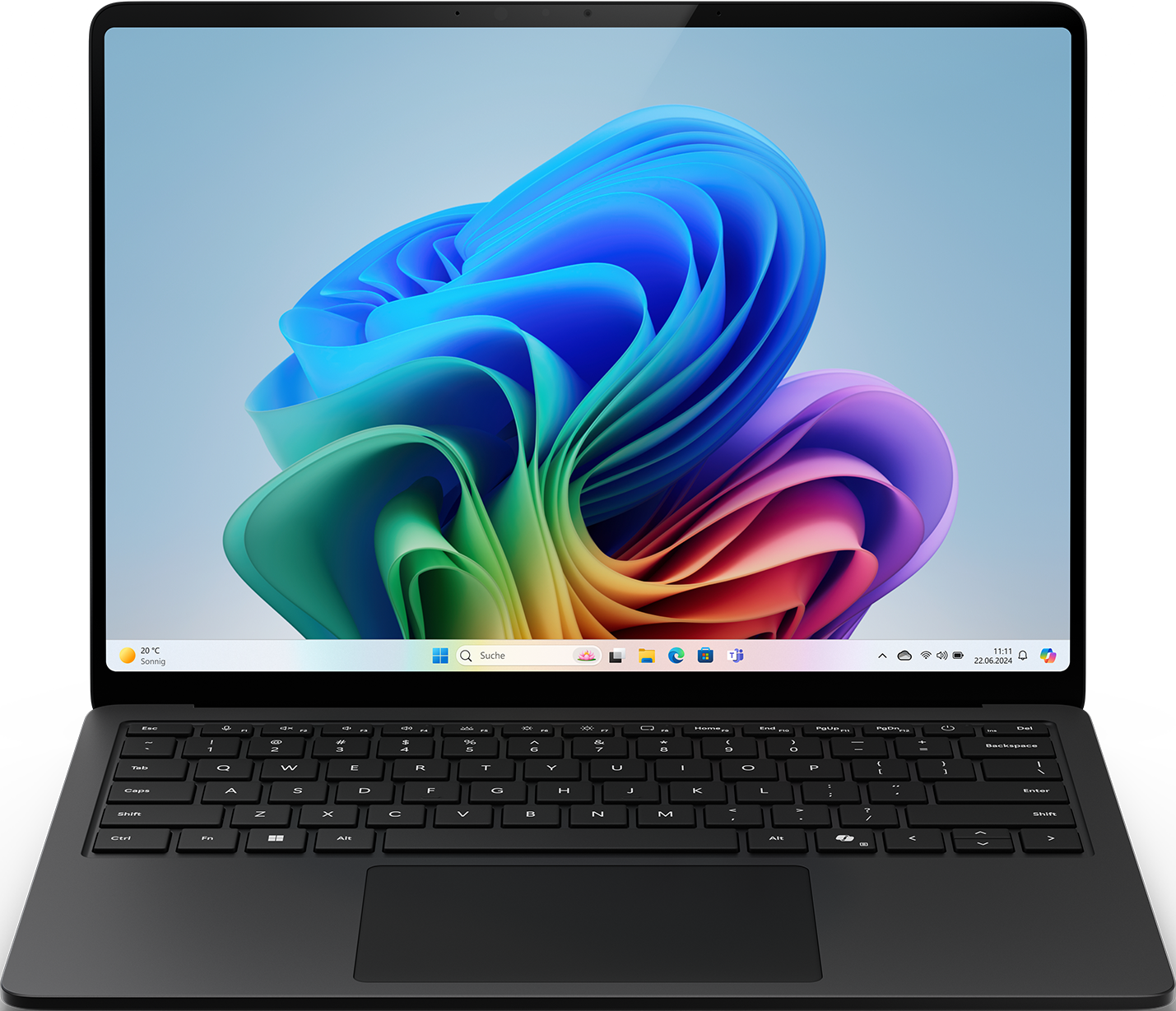 Schwarzer Laptop mit farbenfrohem Bildschirm. Tastatur sichtbar. Schwarzer Hintergrund.