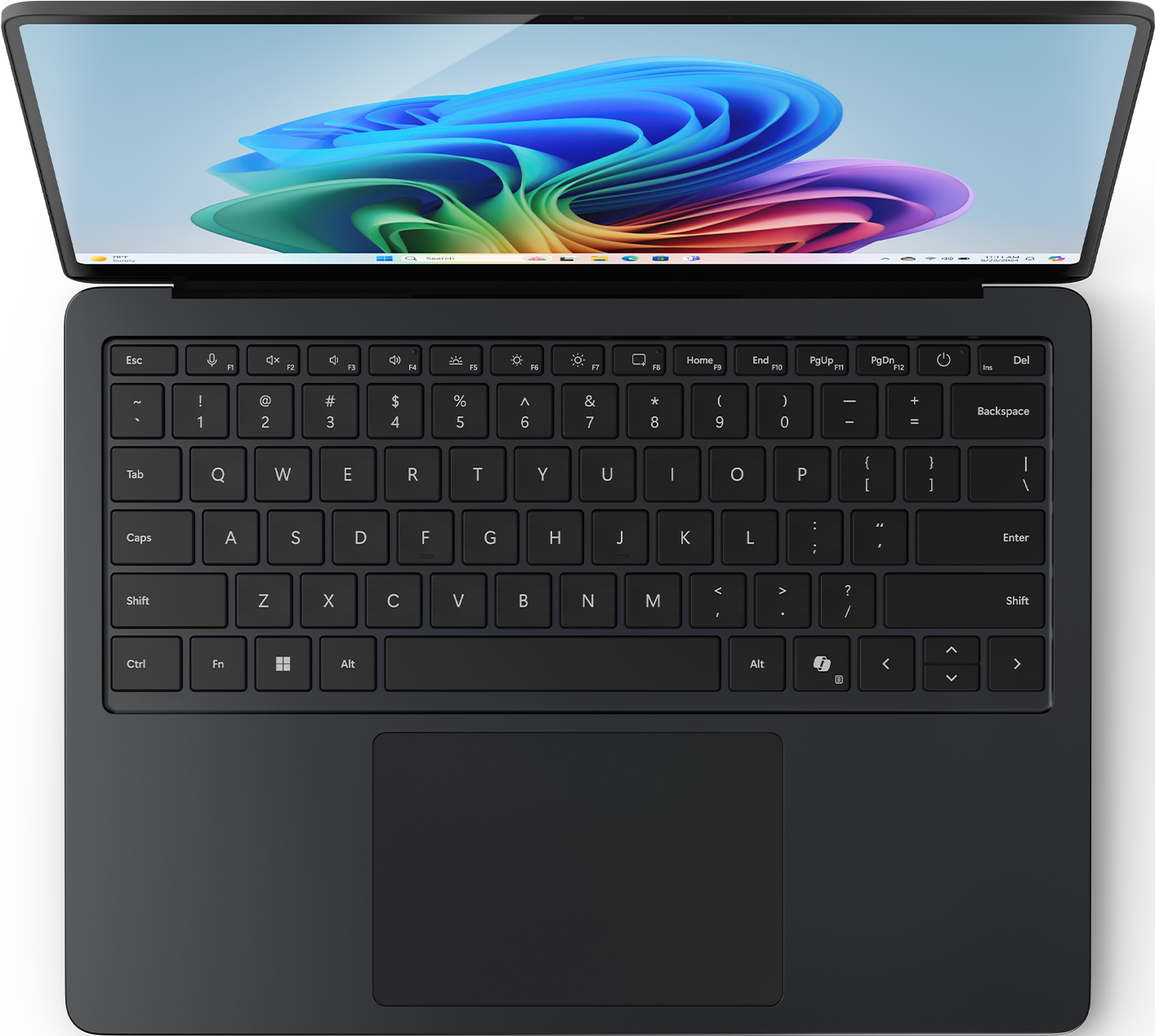 Laptop-Tastatur mit farbenfrohem Bildschirm mit lebendigem, abstraktem Design.