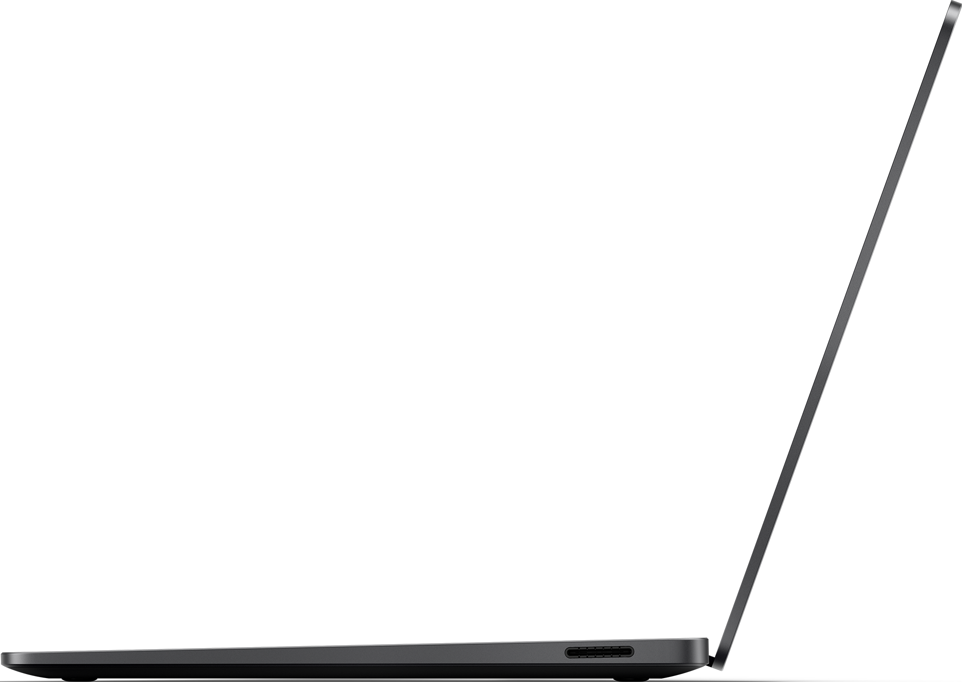 Seitenansicht eines schwarzen Laptops mit offenem Bildschirm, zeigt das Seitenprofil.