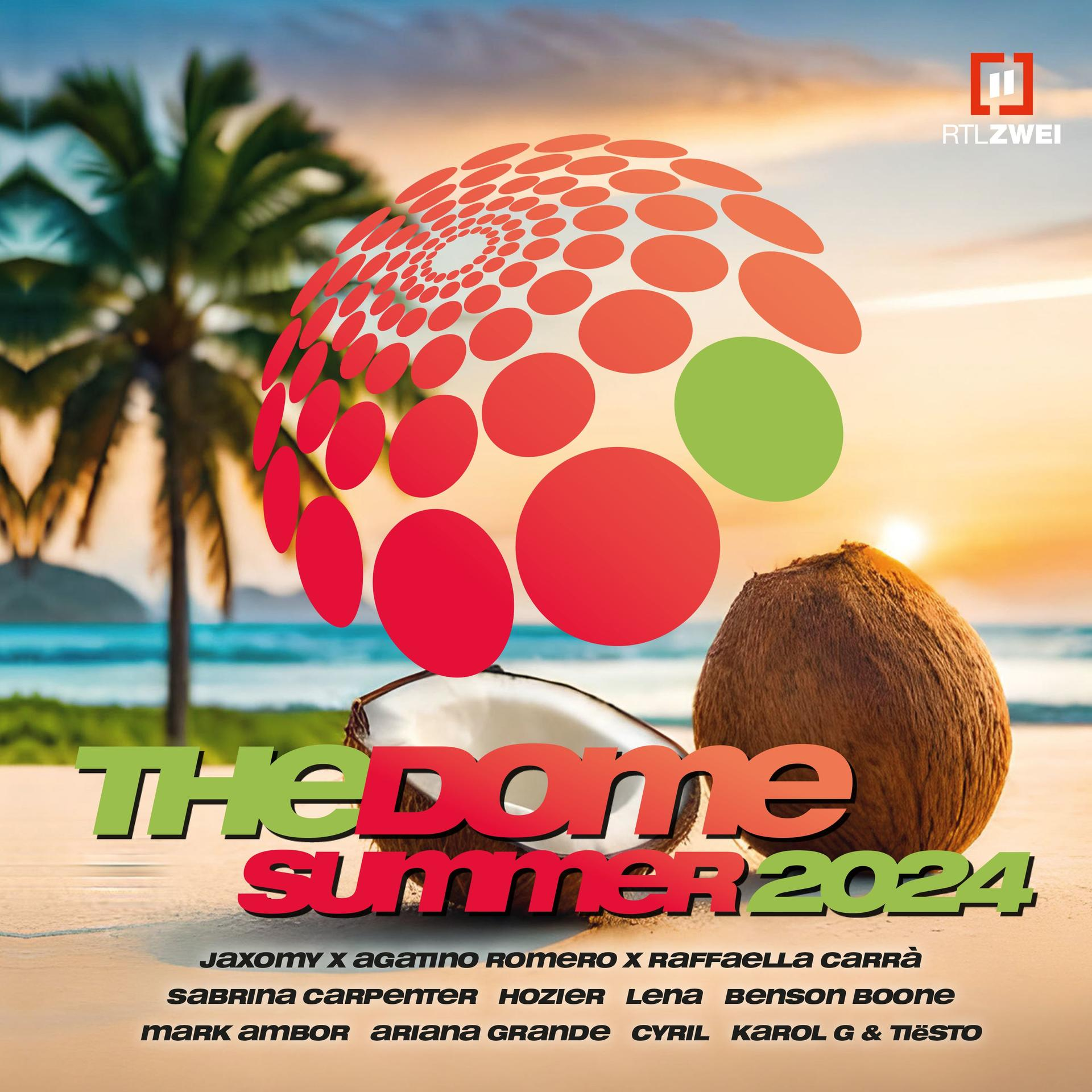 Das Dome Summer 2024 Poster. Es zeigt eine rote und grüne Kugel und eine Kokosnuss. Zahlreiche Künstler gelistet.