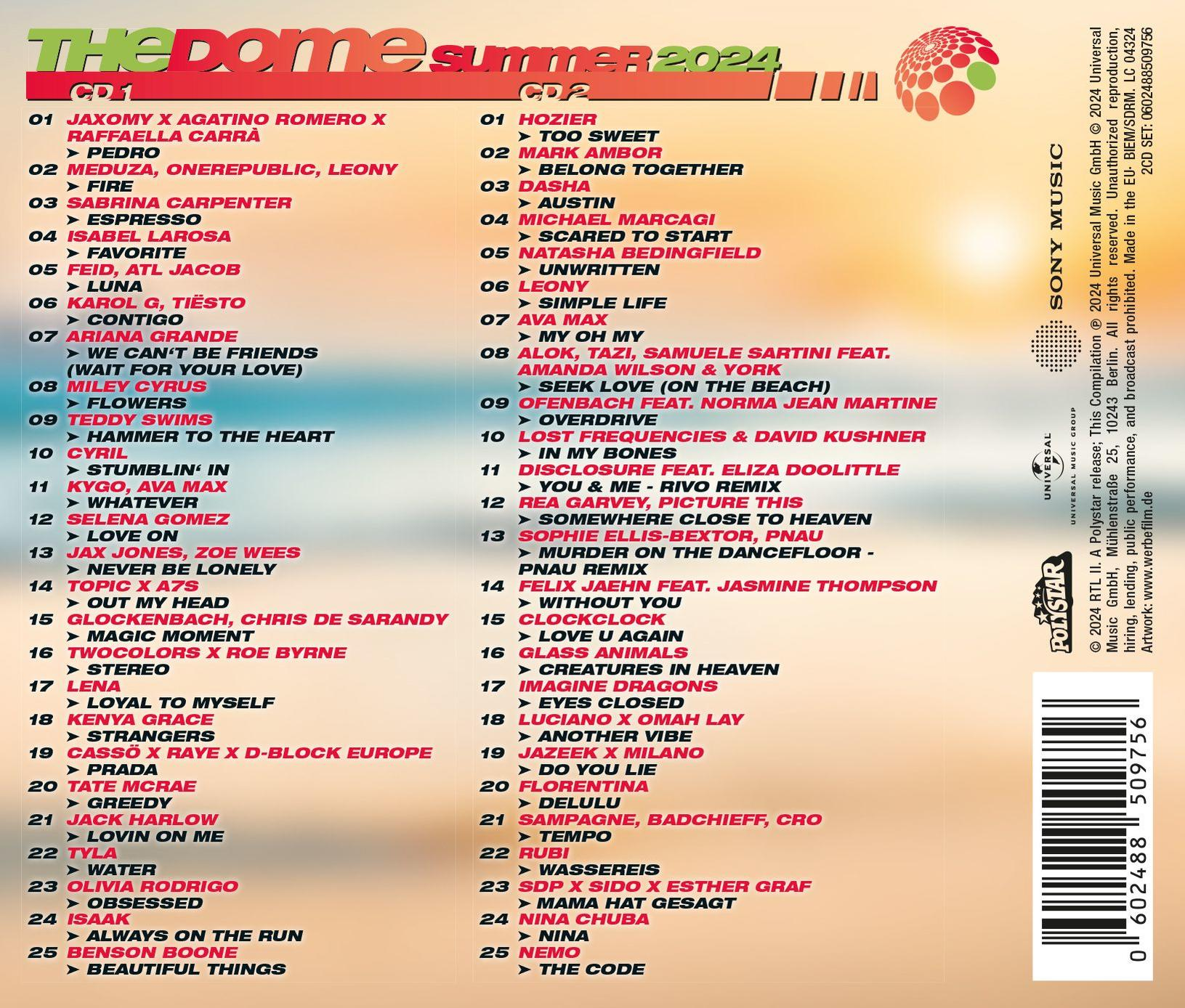 The Dome Summer 2024 II CD. Das Cover listet die Künstler und Songs auf.