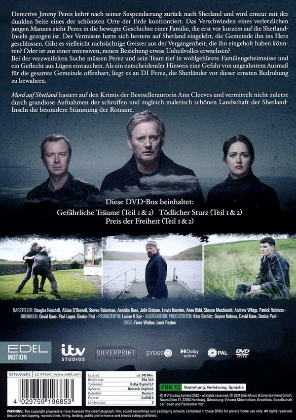 DVD-Cover mit drei Personen, Text. Cover für Shetland-Serie.