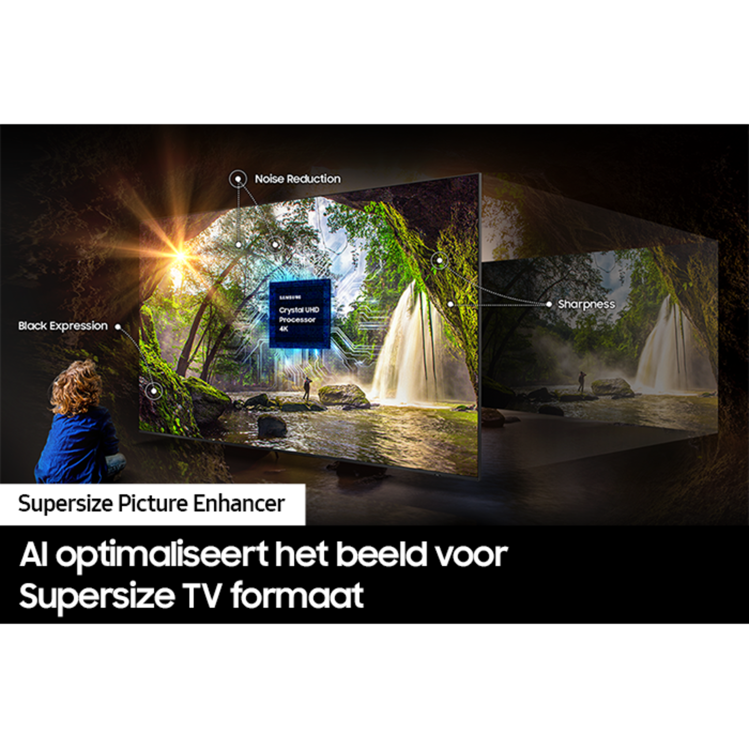 Afbeelding toont tv-functies: ruisonderdrukking, scherpte en beeldverbetering.