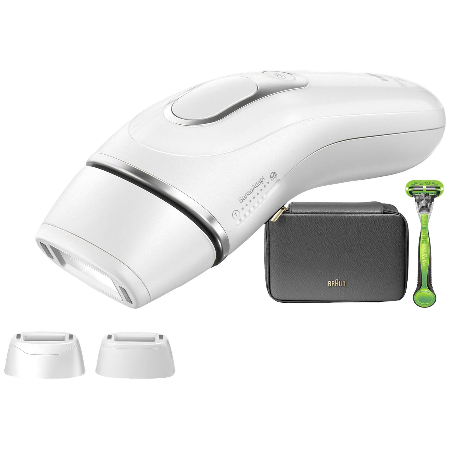 Un appareil IPL Braun blanc, avec un étui noir, deux têtes blanches et un rasoir vert sur fond blanc.