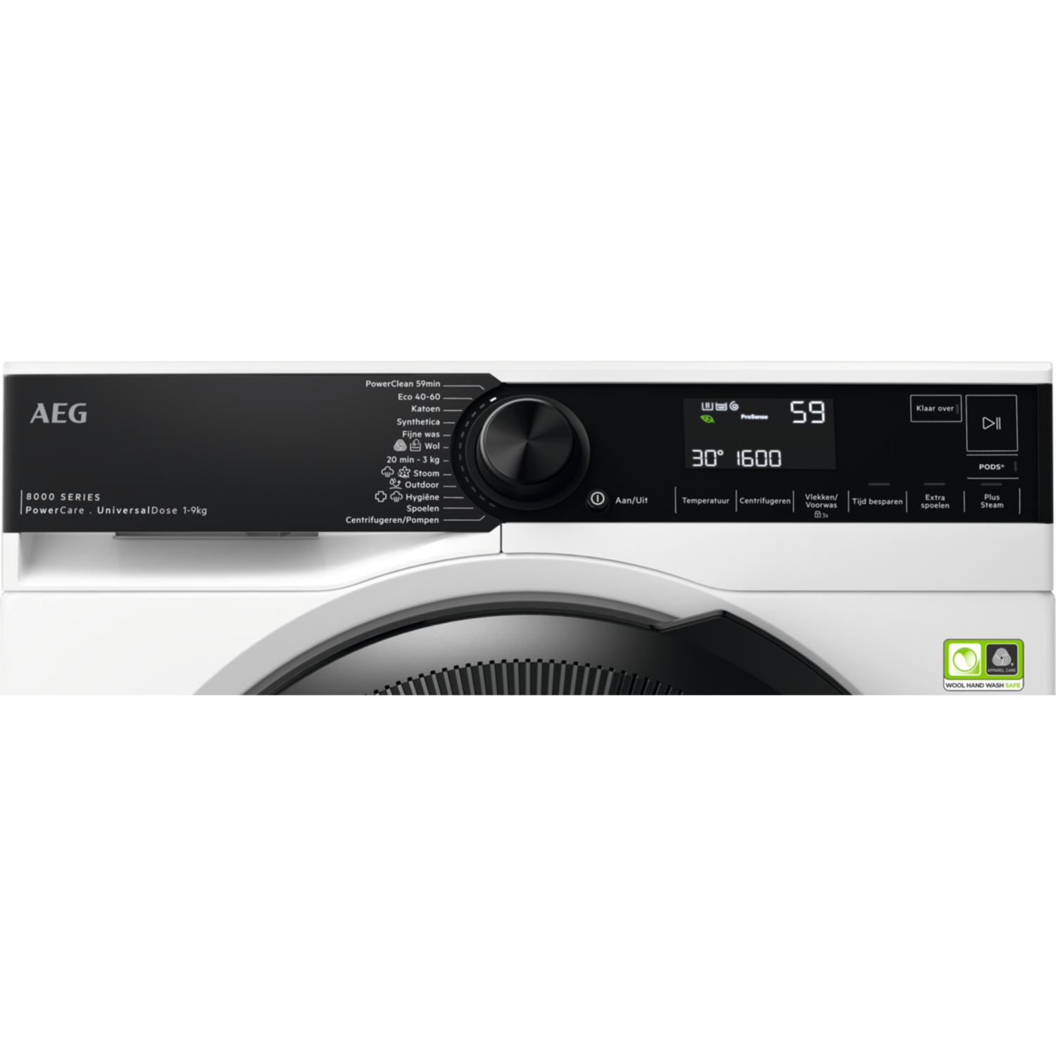 AEG wasmachine. Zwart bedieningspaneel met display en draaiknop. Witte behuizing.