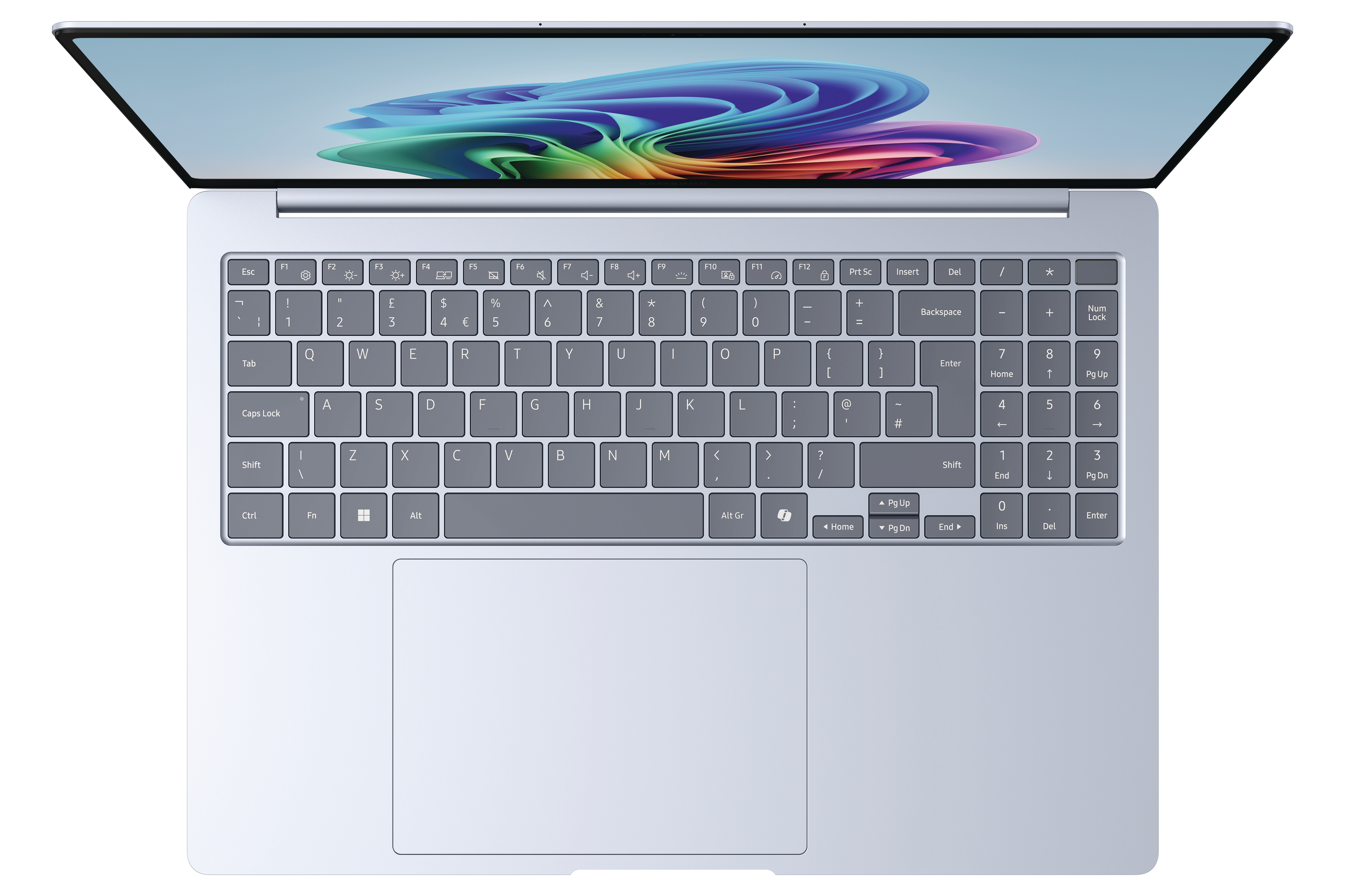 Laptop mit offenem Bildschirm und hellblauer Tastatur. Der Bildschirm zeigt ein farbenfrohes, abstraktes Design.