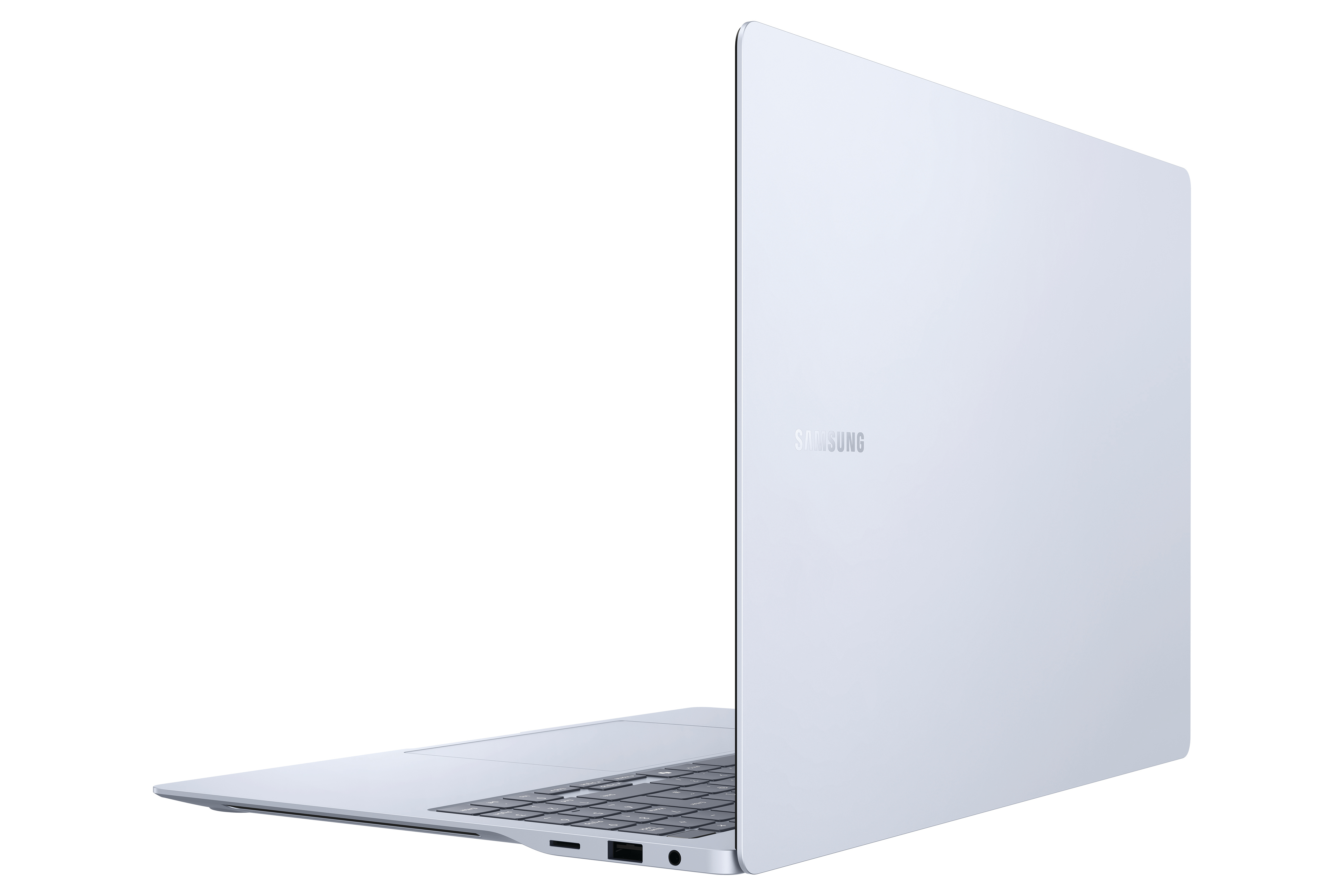 Blauer Laptop, Rückansicht, Samsung-Logo, auf weißem Hintergrund, Winkelansicht.